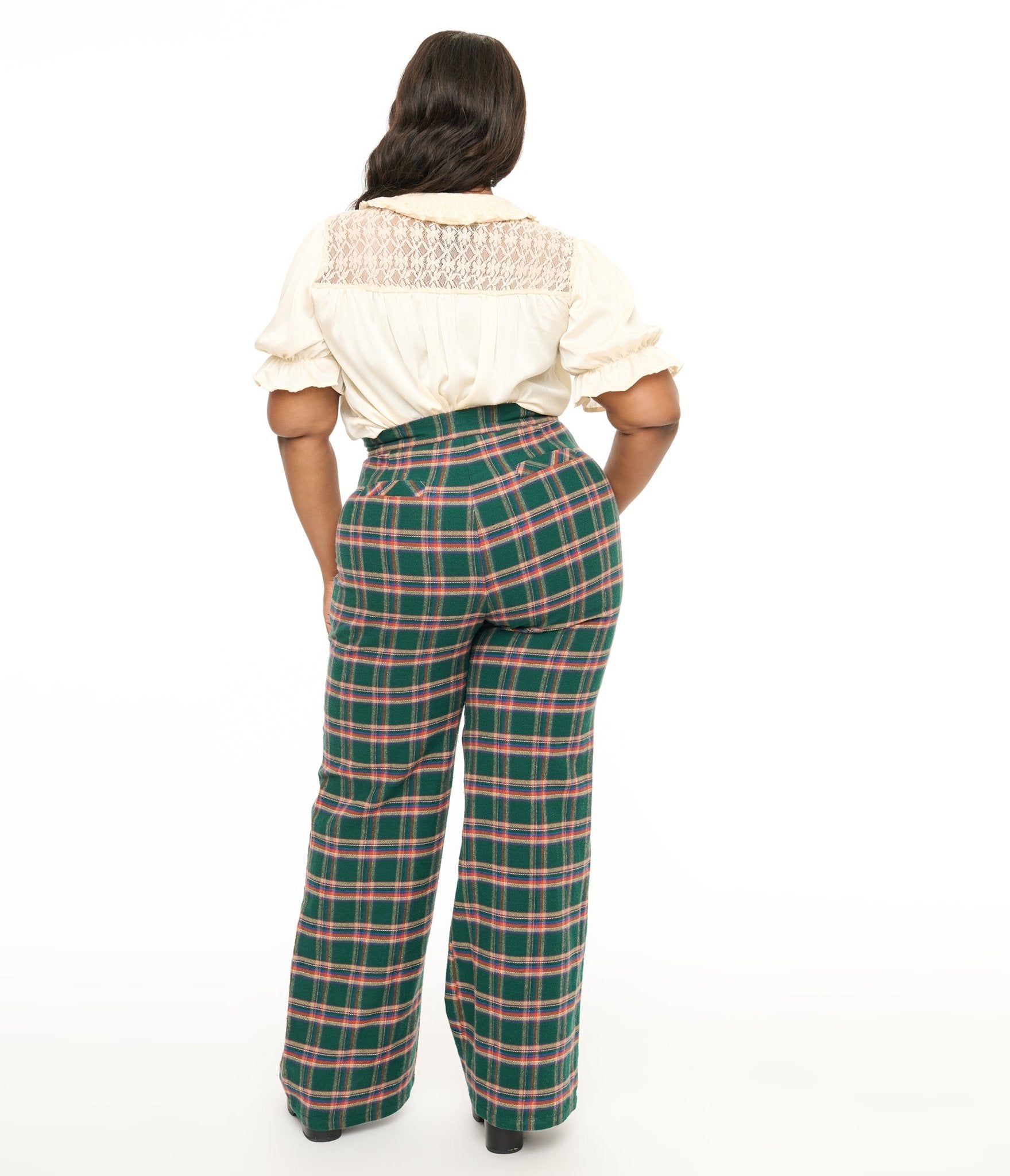 Smak Parlour Plus Size 1960s Green & Red Plaid Wide Leg Trousers