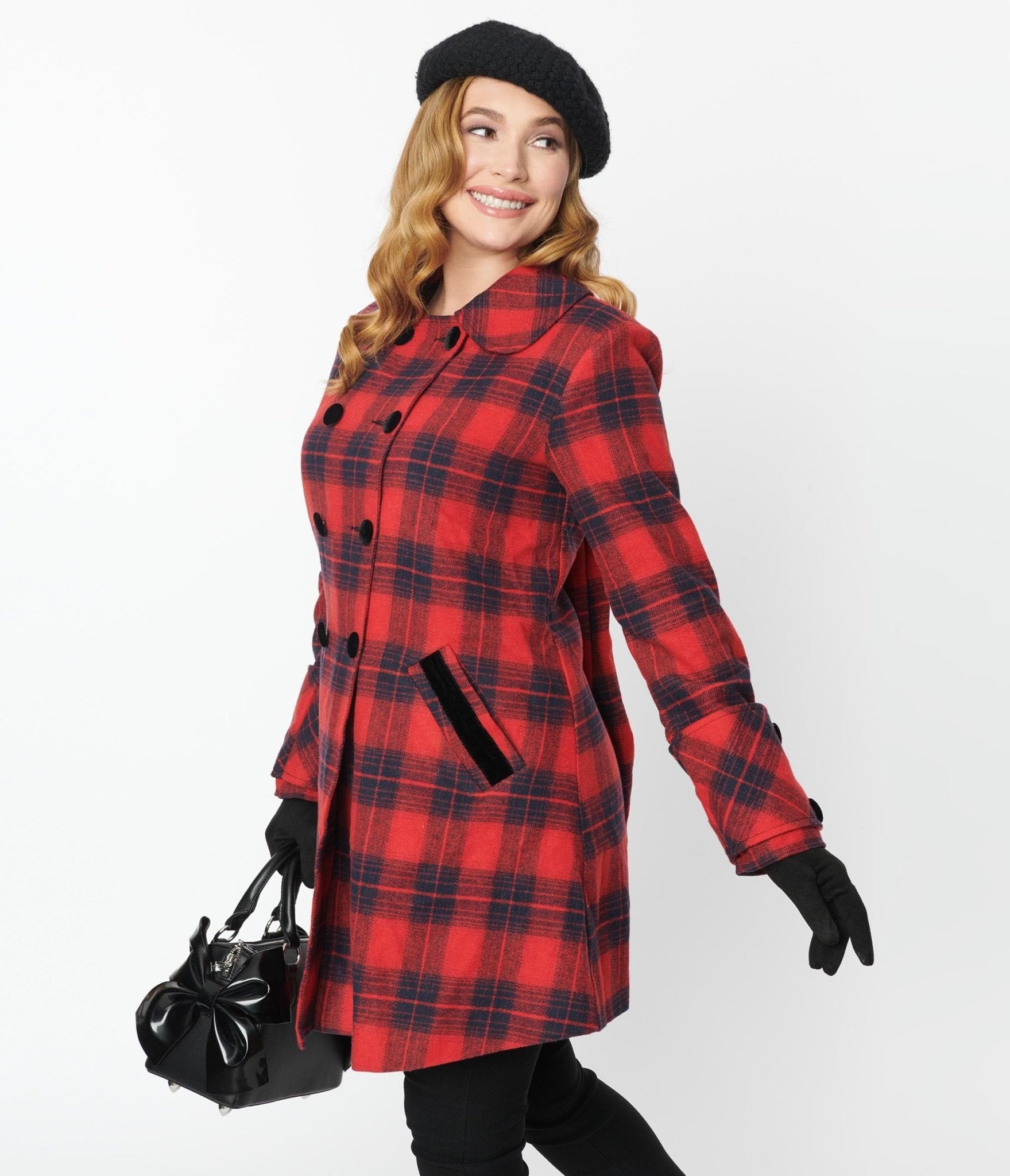 Unique Vintage Red & Navy Plaid Peacoat