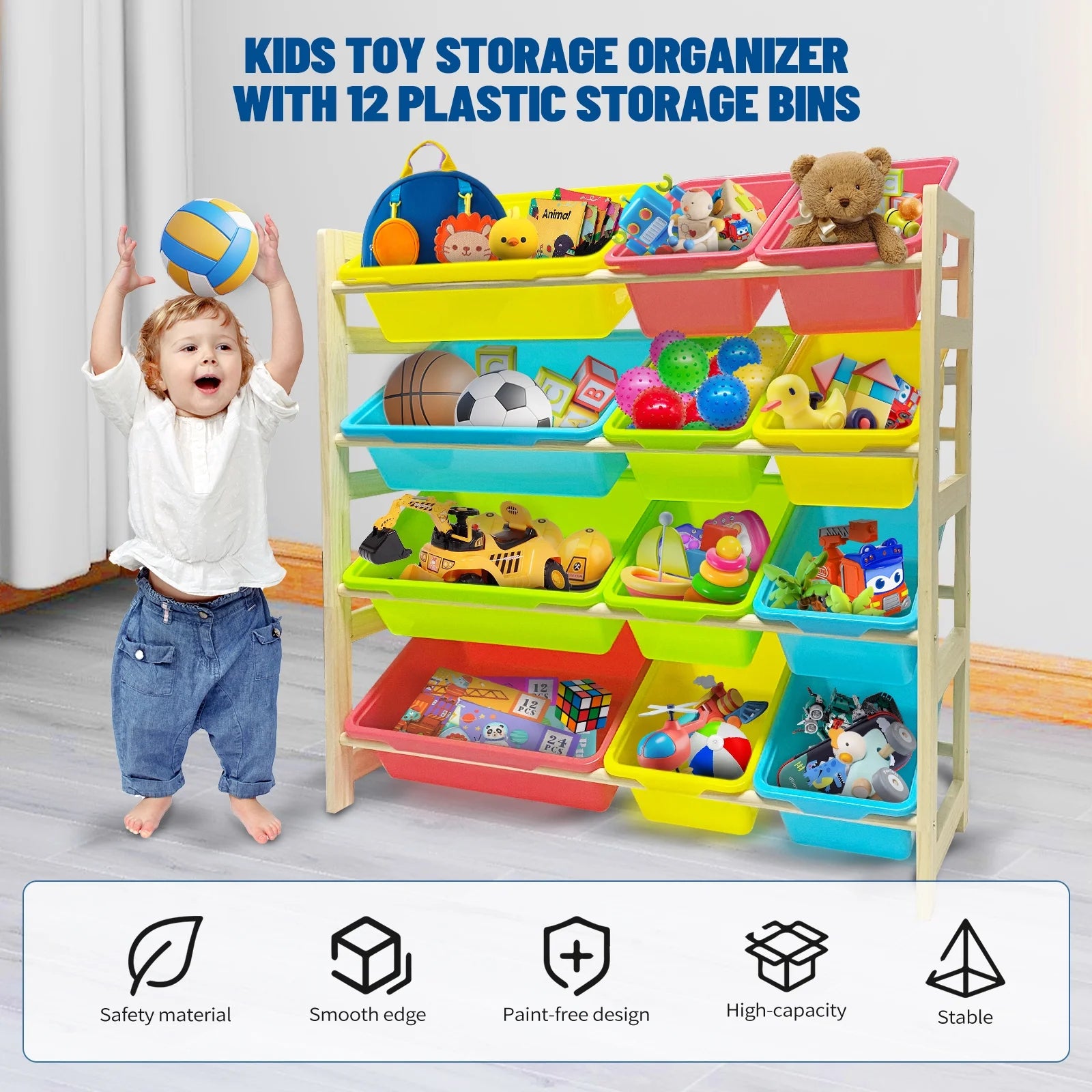 Olizee OLIWJSNJ-1 Kids Toy Storage Organizer W/12 Plastic Storage Bins, Red/Yellow/Blue/Green