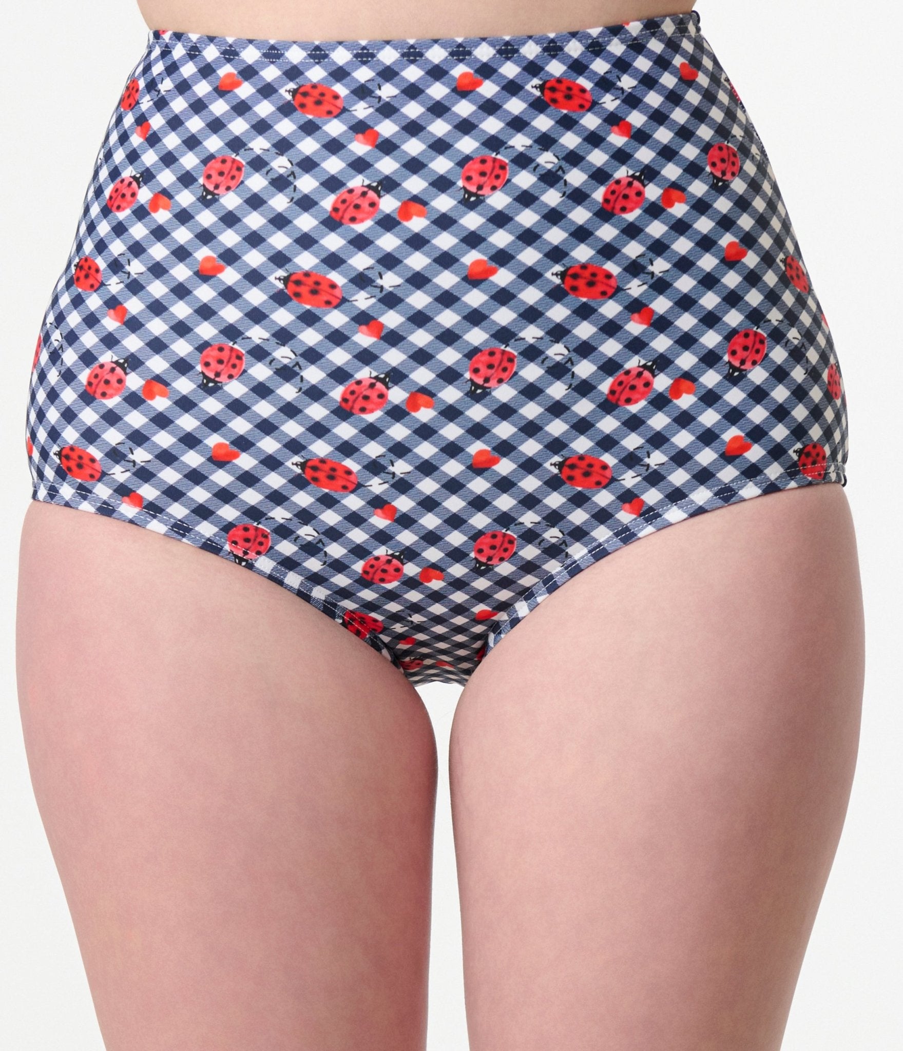 Unique Vintage Navy Gingham & Ladybug Print High Waist Louise Swim Bottom