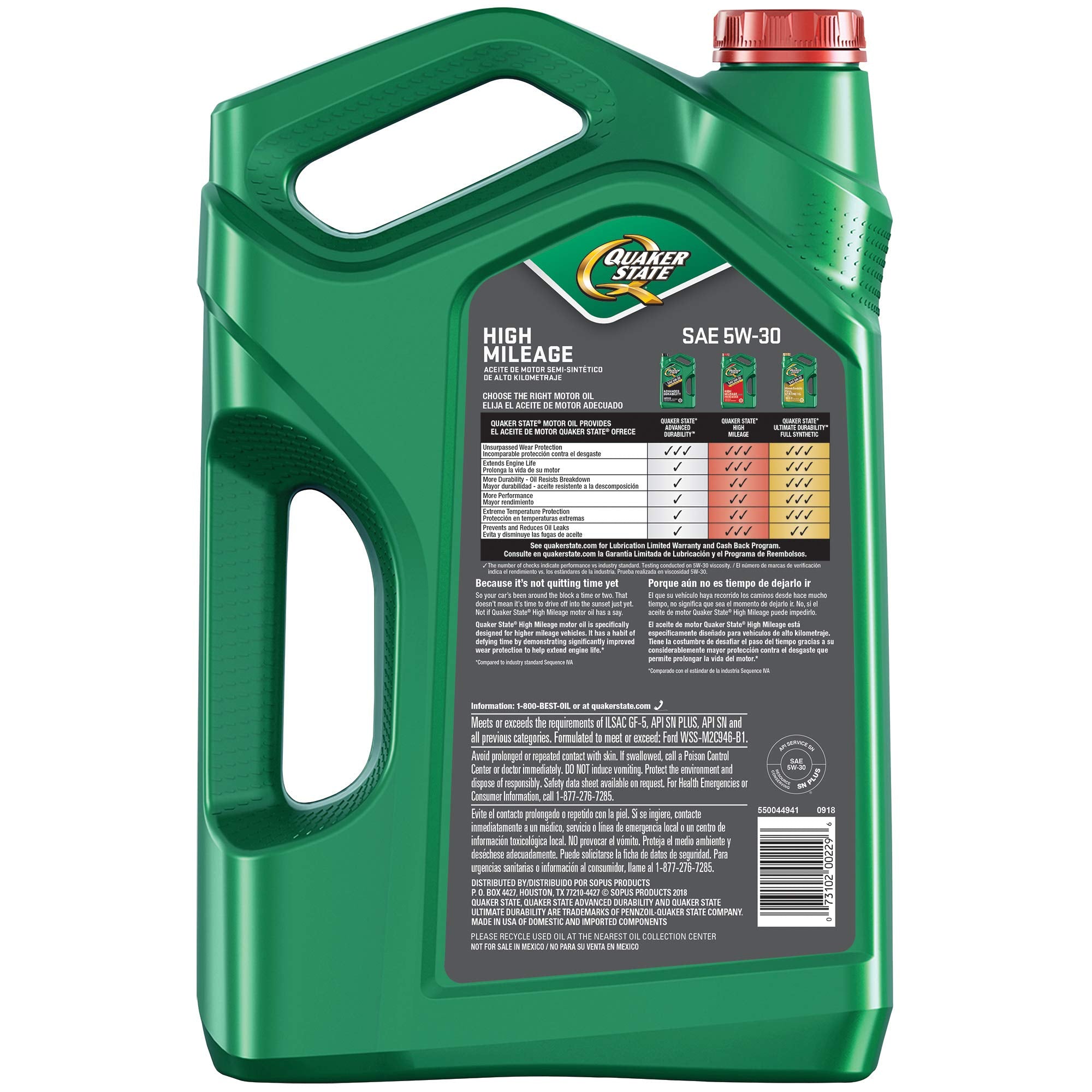 Quaker 550044941 State High Mileage 5W-30 Motor Oil, 5 Quart