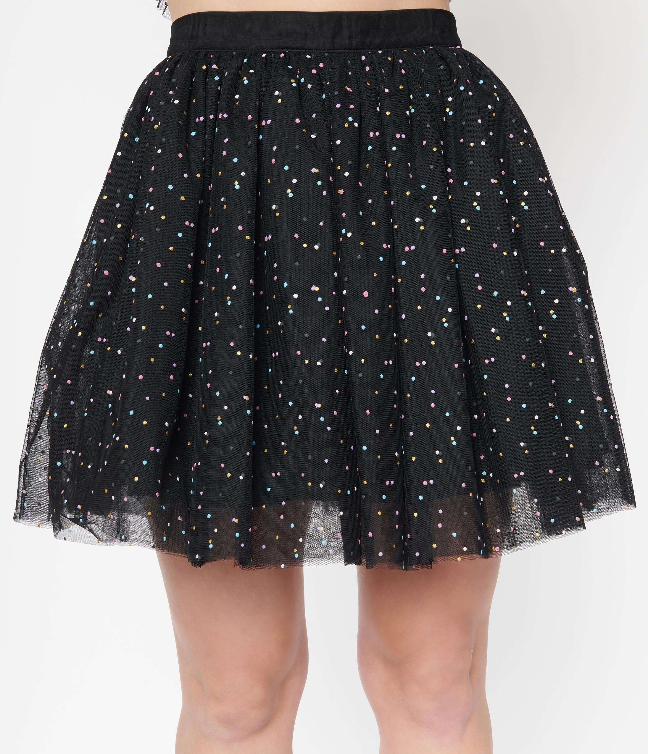 Unique Vintage Black & Multicolor Dots Sweetie Pie Flare Skirt