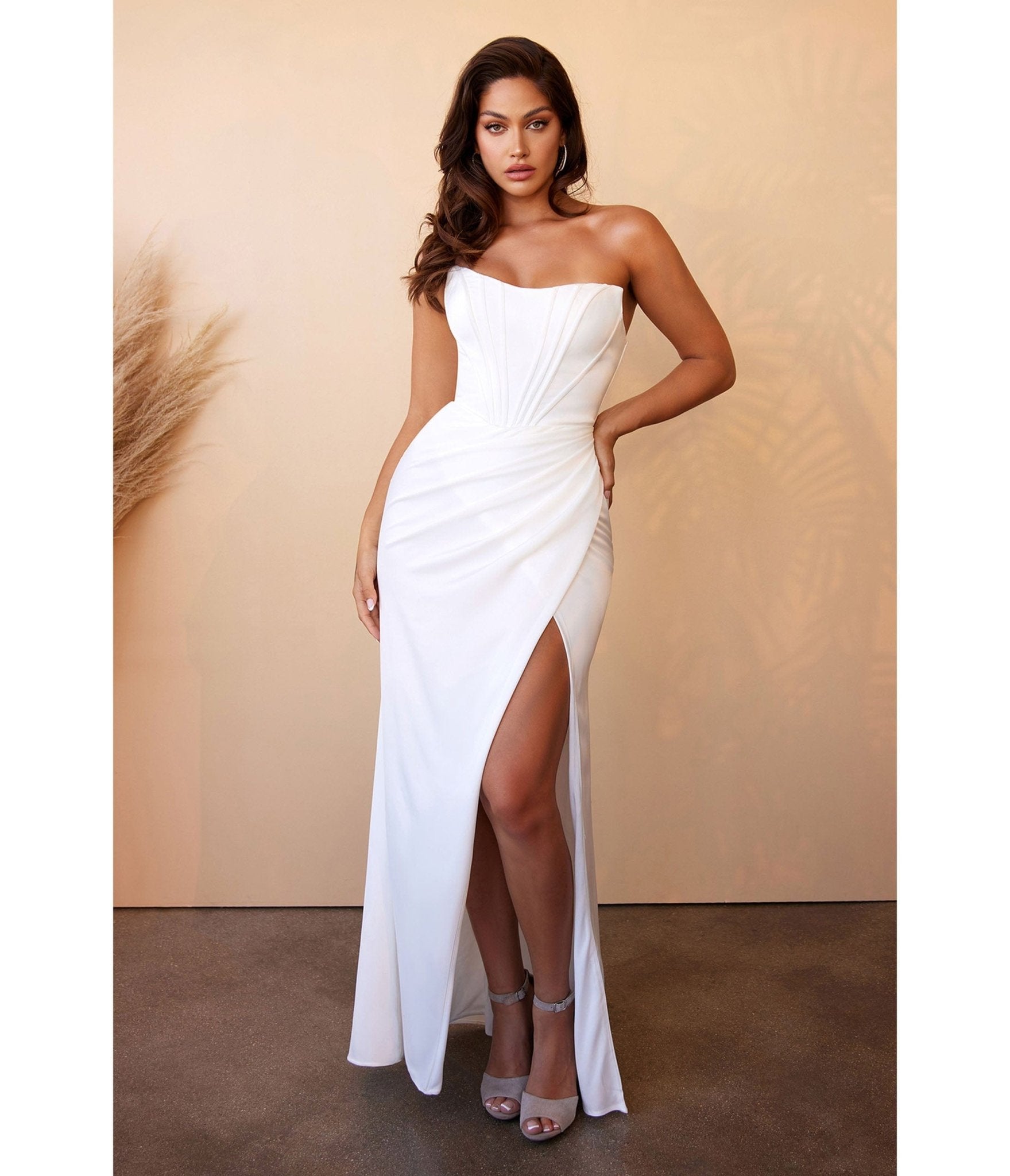 Ladivine by Cinderella Divine White Off The Shoulder Corset Satin Bridal Gown