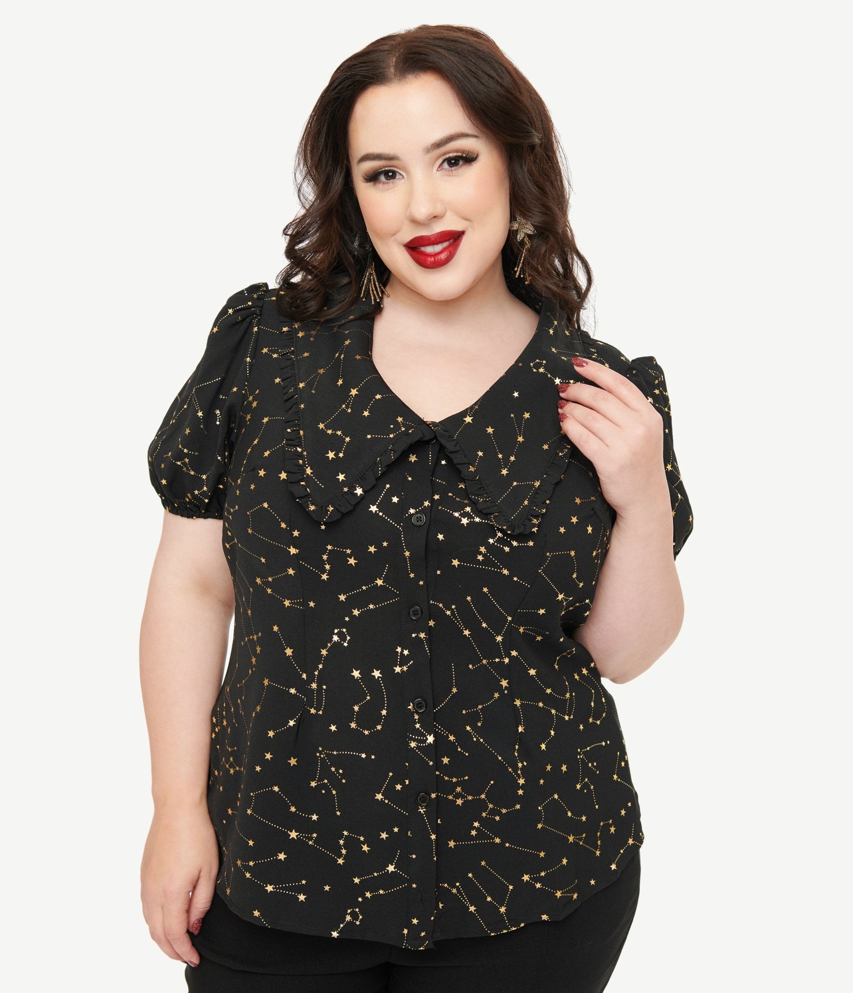 Unique Vintage Plus Size 1930s Black & Gold Stars Oversized Collar Blouse