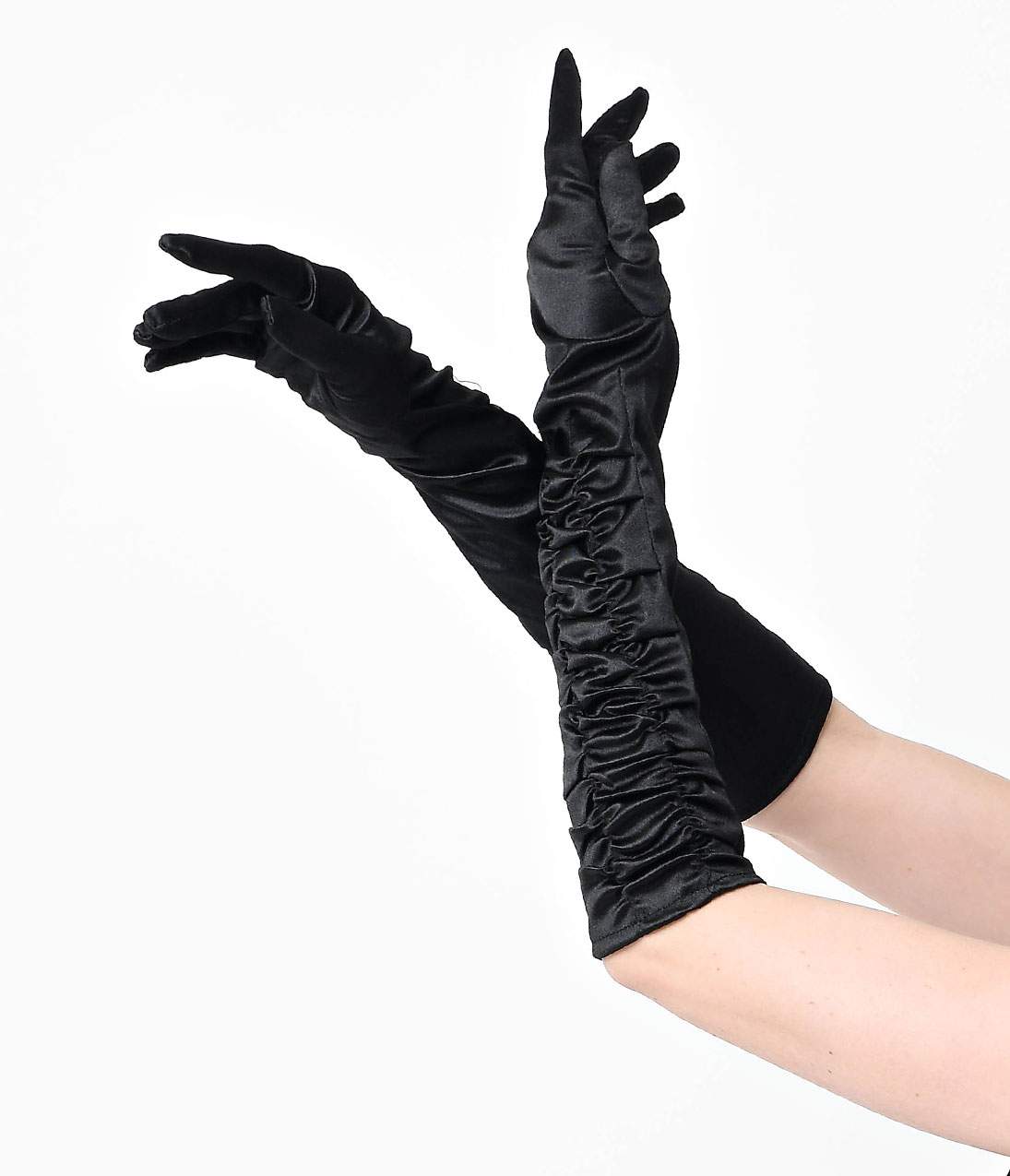 Vintage Style Black Elbow Length Ruched Opera Gloves