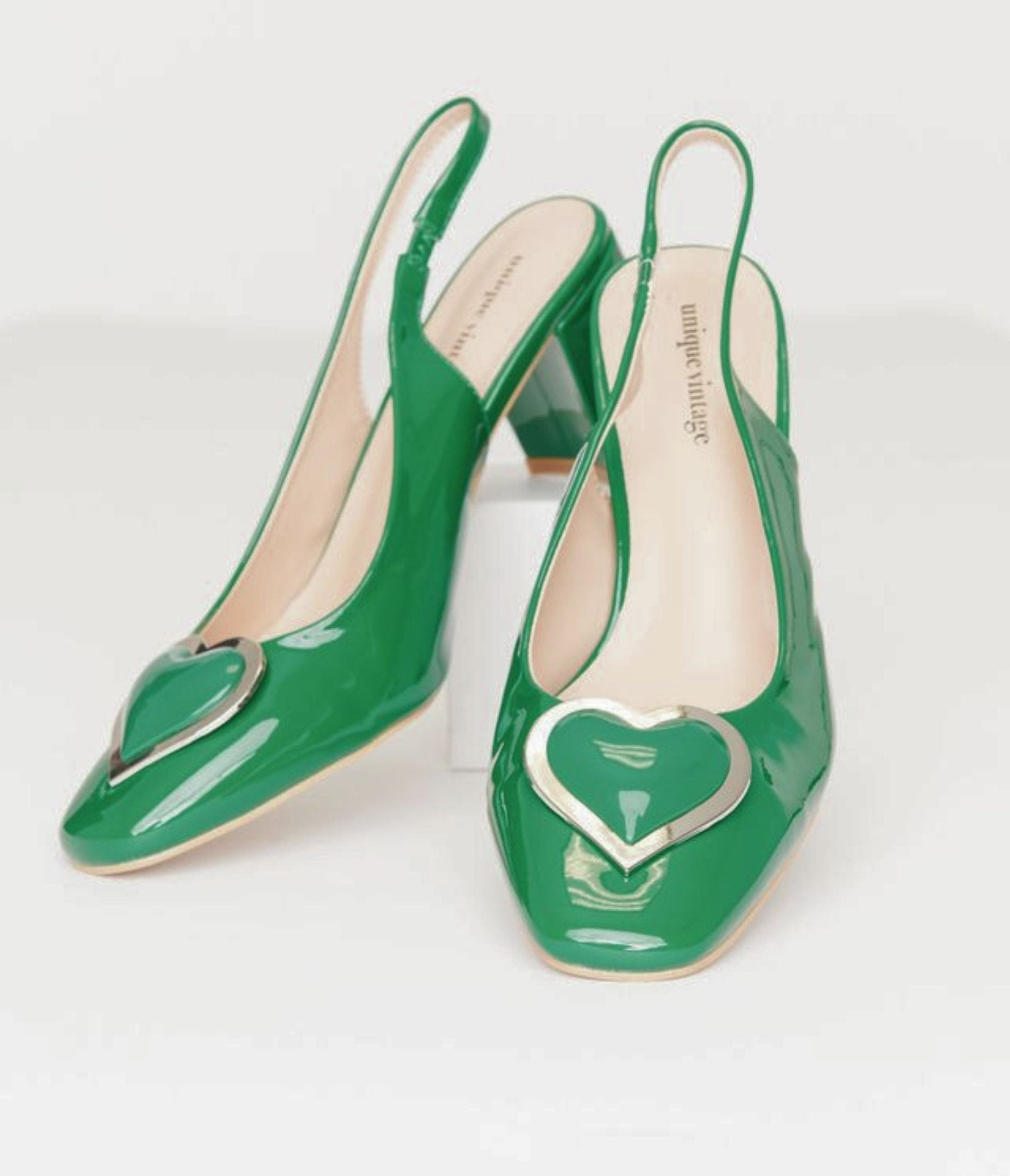 Unique Vintage Green Heart Leatherette Slingback Heels