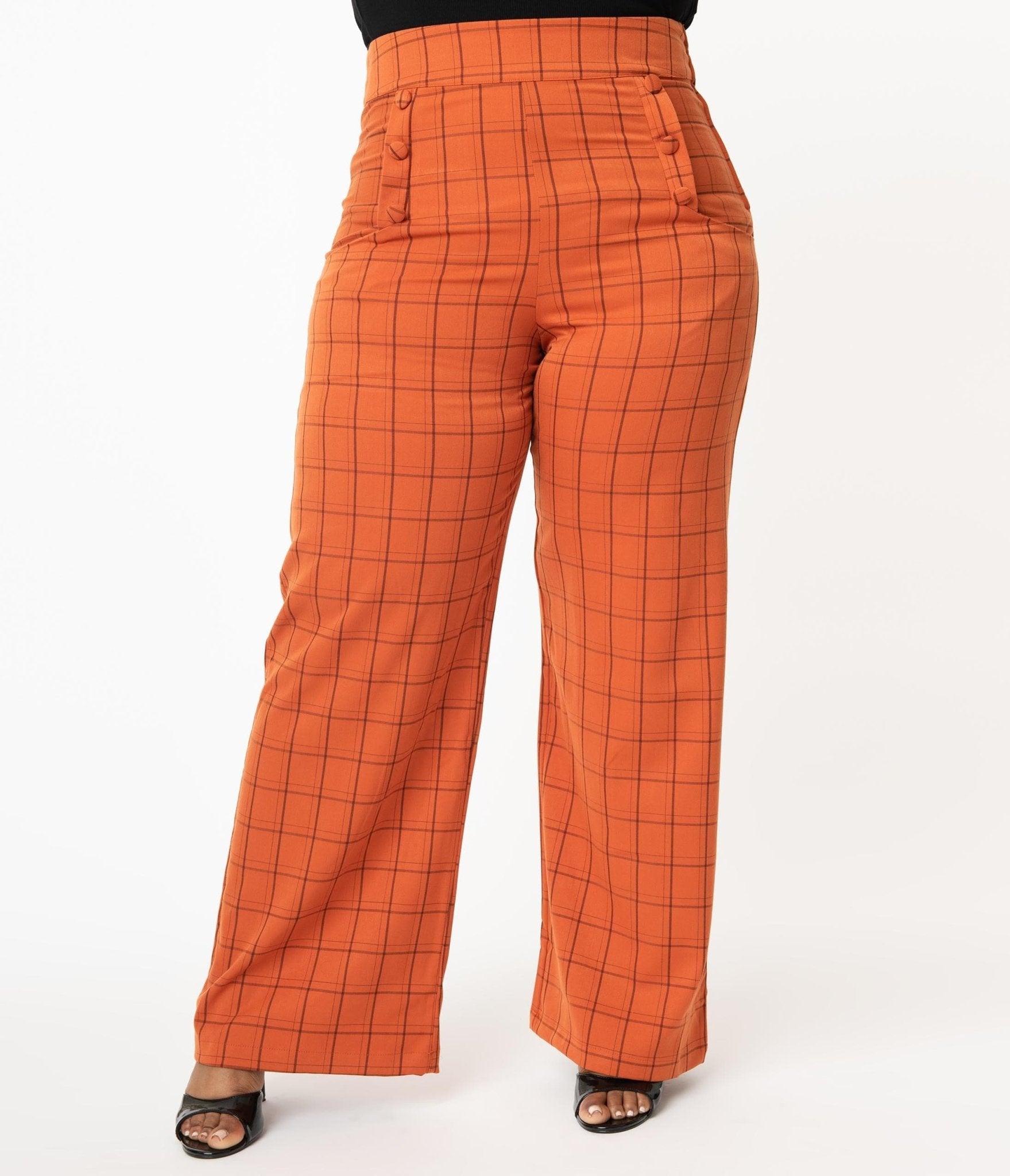 Unique Vintage Plus Size 1940s Orange Windowpane High Waist Ginger Pants