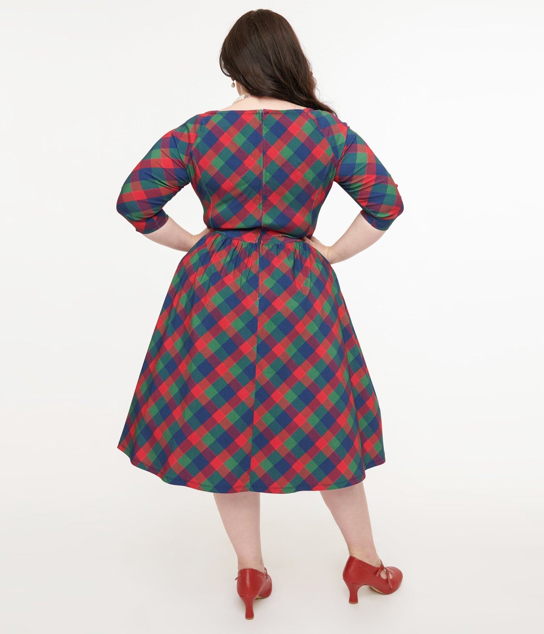 Unique Vintage Plus Size 1950s Green & Red Plaid Sweetheart Swing Dress