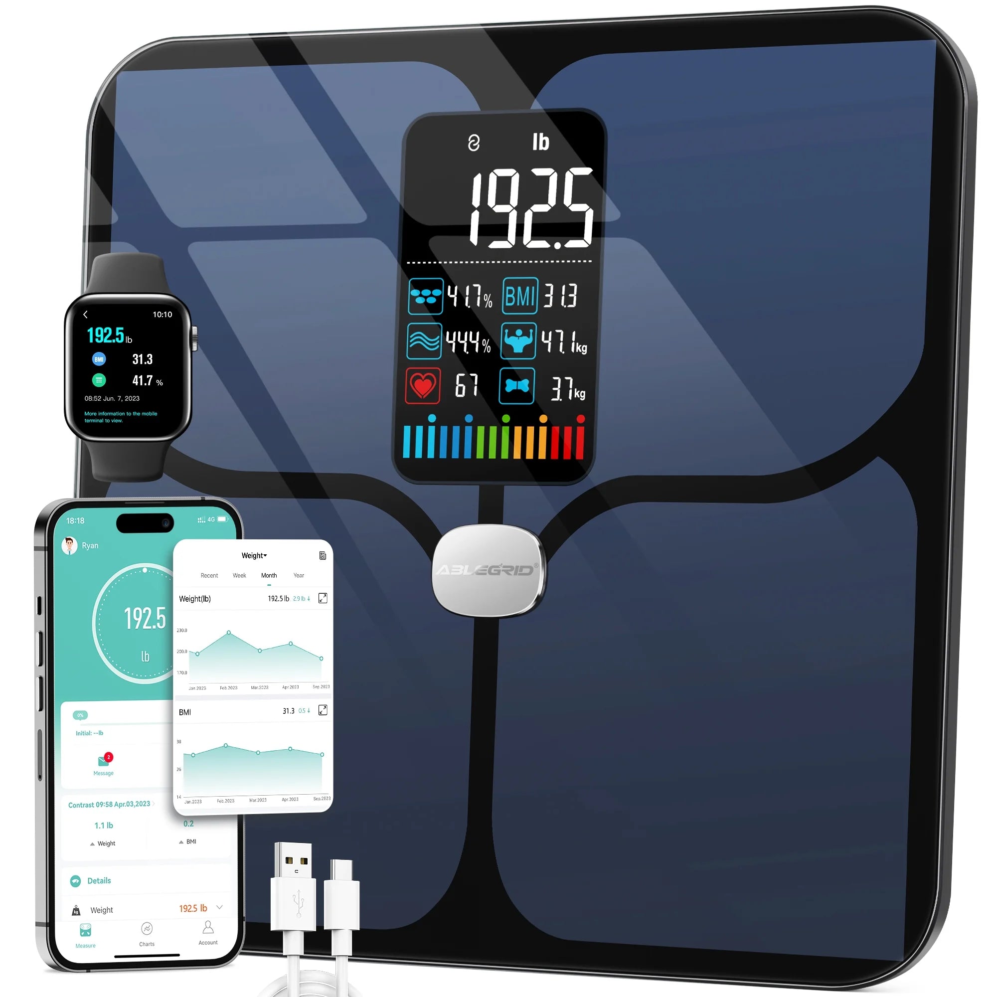 ABLEGRID A-SCALE-X-JD Smart Digital Bathroom Scale for Body Weight and Fat, Large LCD Display Body Fat Scale, Rechargeable Weight Scale with 16 Body Composition Metrics BMI, Heart Rate, Baby Mode, 400