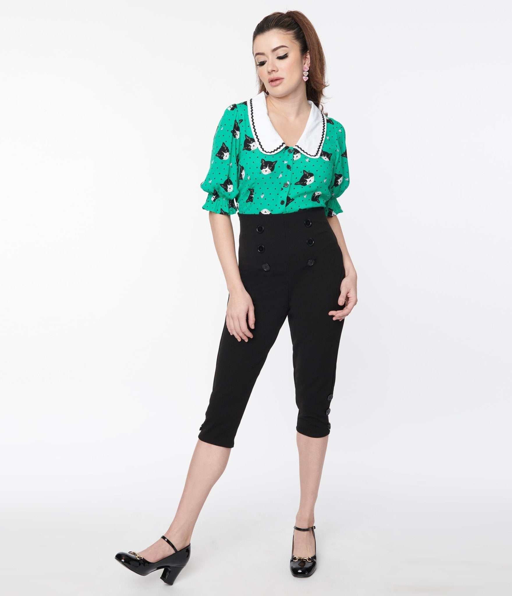 Black High Waisted Retro Button Capris