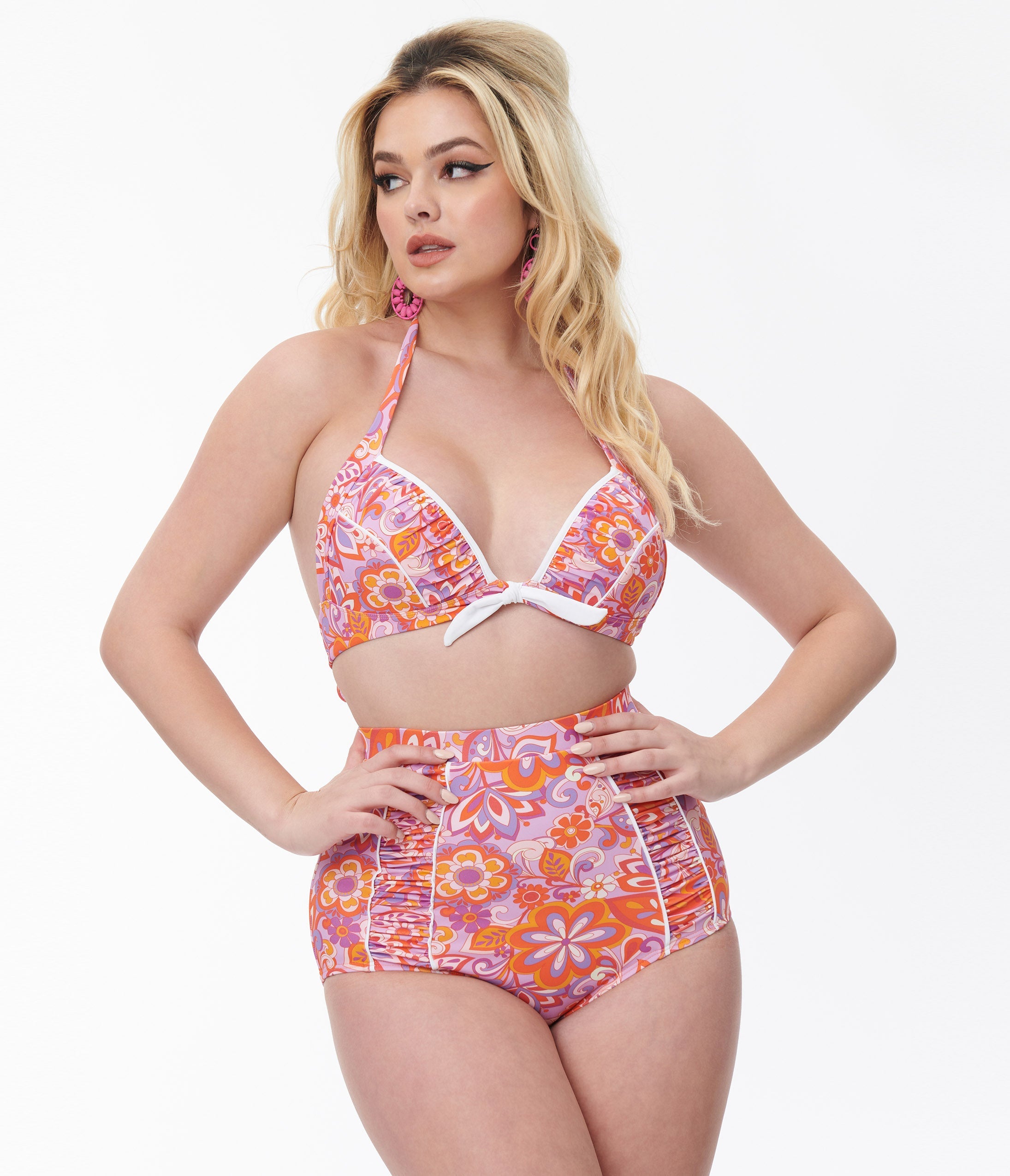 Unique Vintage Purple & Orange Bohemian Floral Print Halter Swim Top