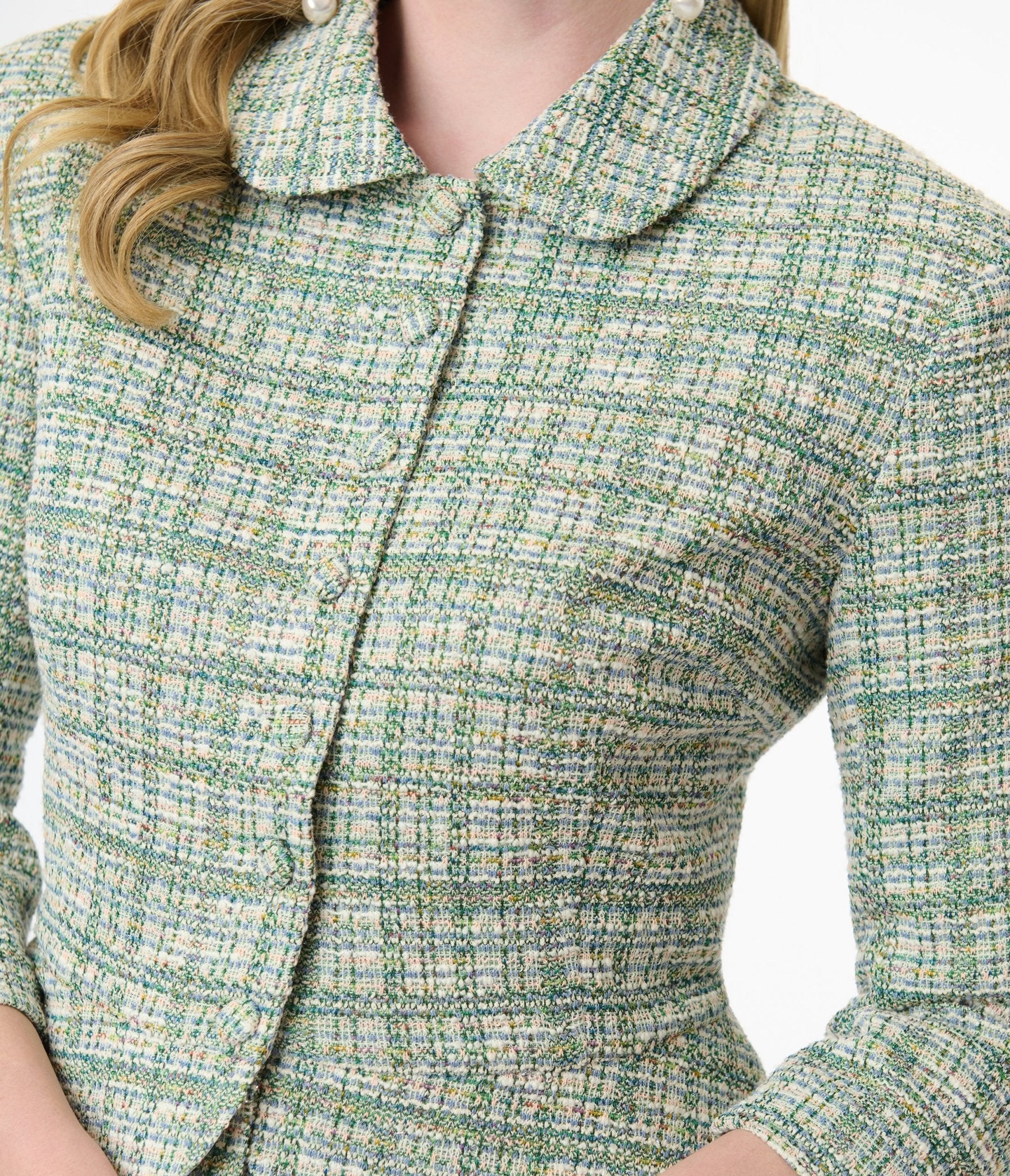 Unique Vintage 1940s Green Plaid Boucle Peplum Jacket