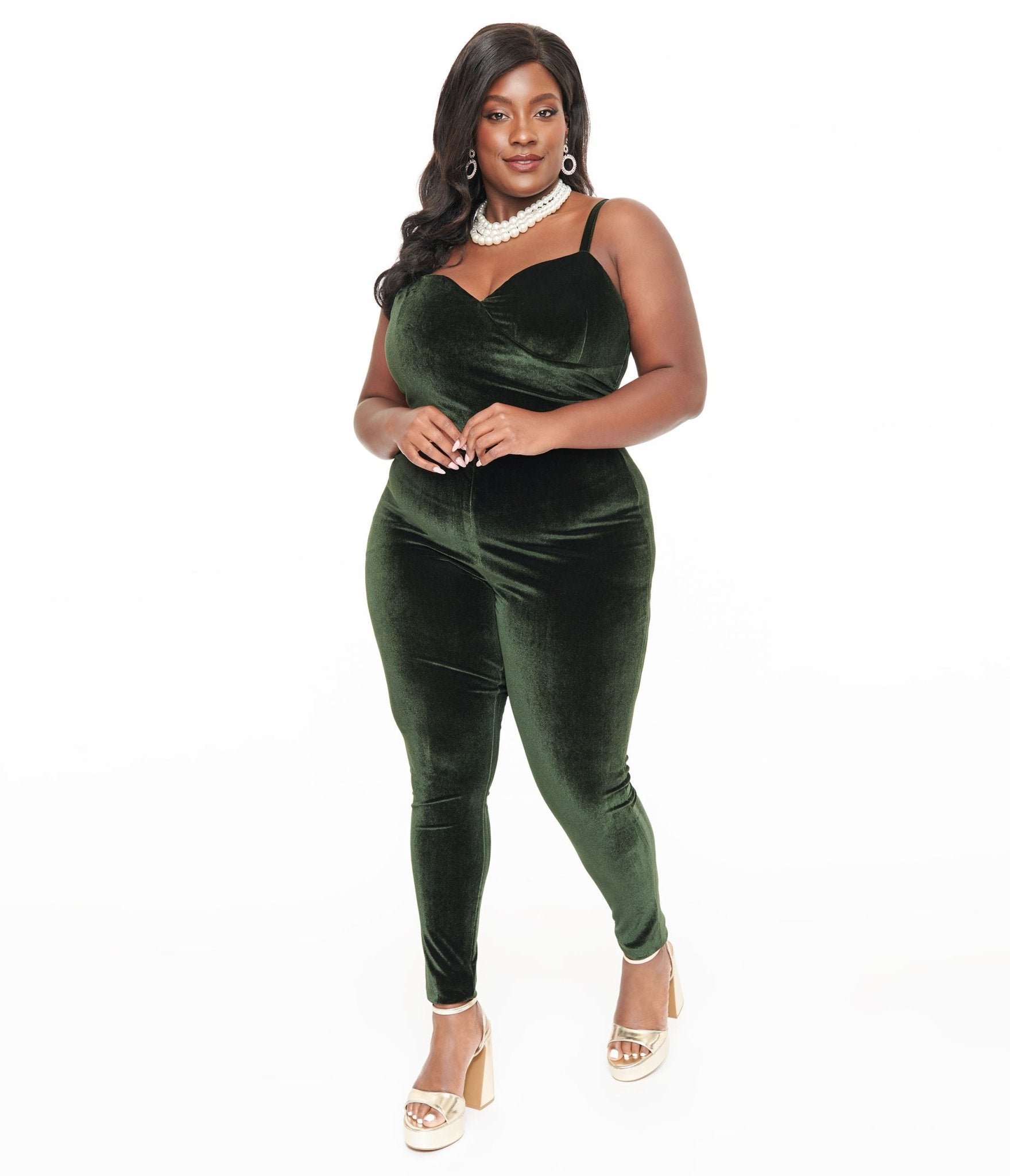 Unique Vintage Plus Size 1970s Dark Green Velvet Jumpsuit