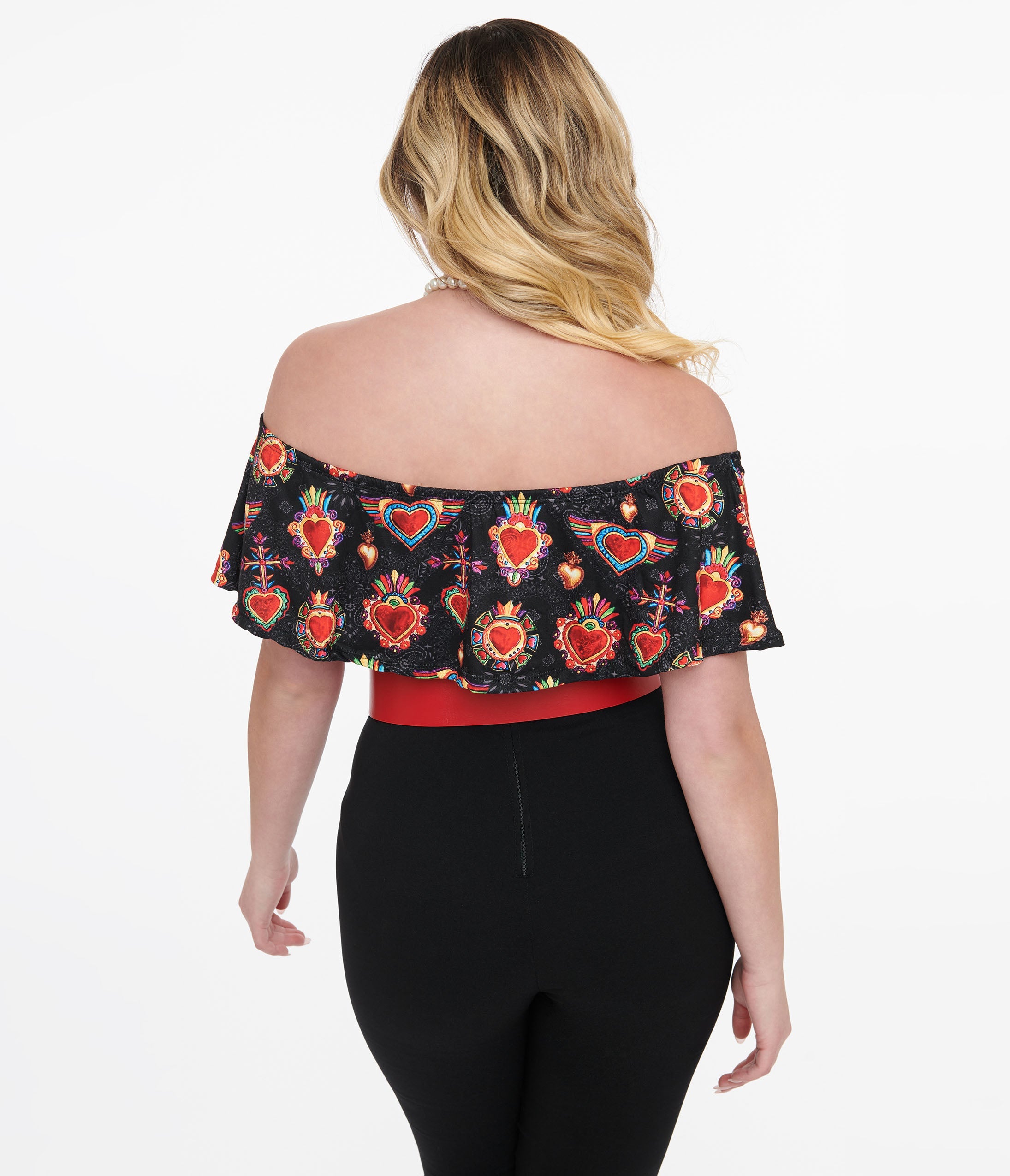 Black & Multicolor Heart Off the Shoulder Ruffle Top