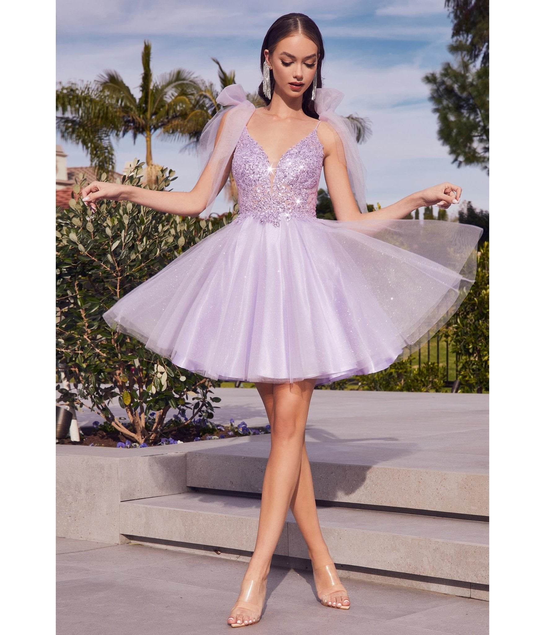 Ladivine by Cinderella Divine Lavender Shimmer Tulle Flare Prom Dress