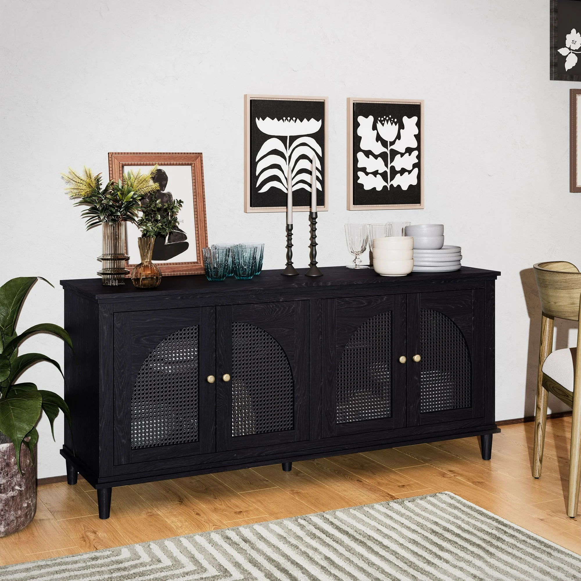 Beautiful BE64250047100B9 Drew Rattan 4-Door Buffet Black Finish