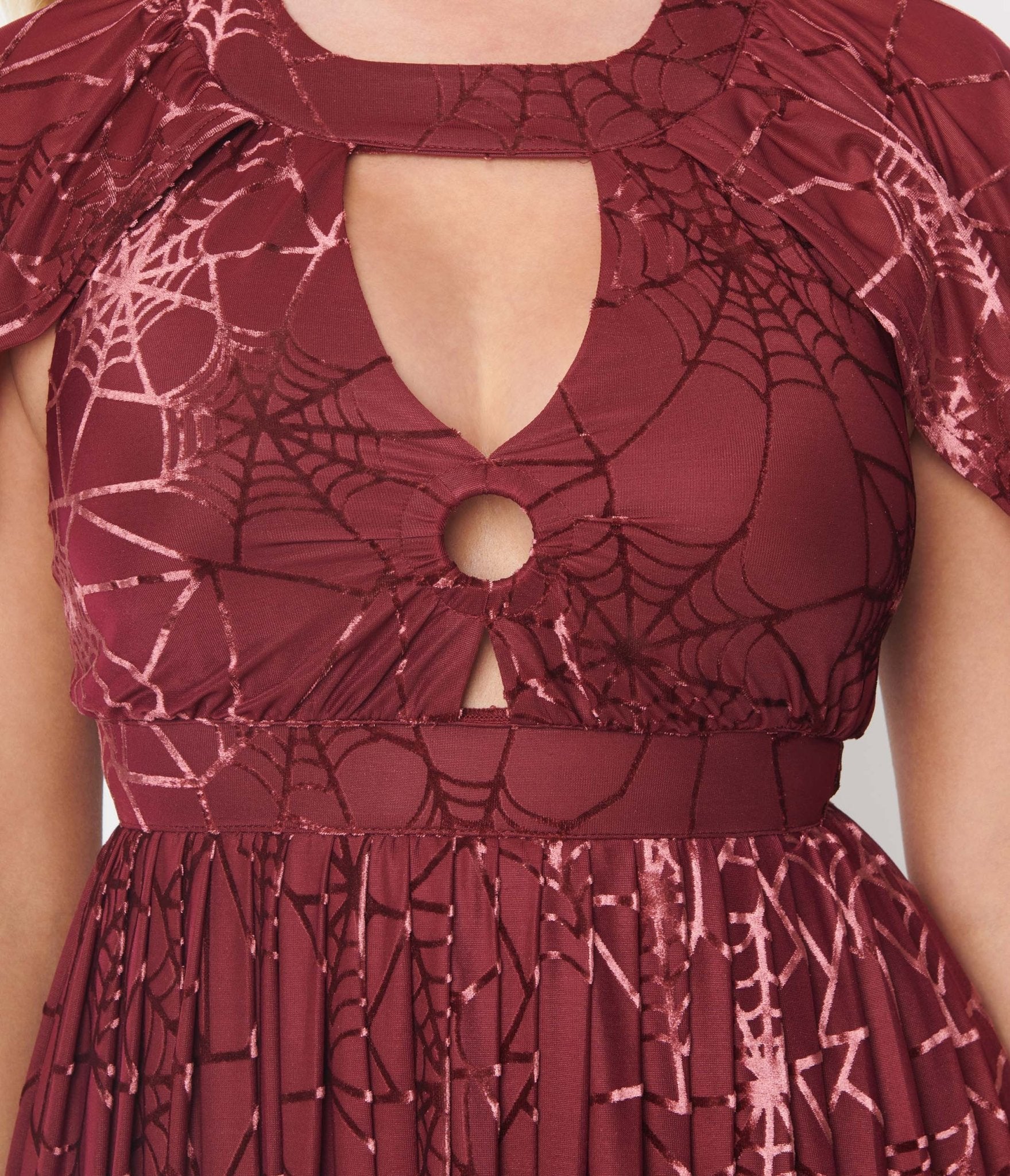 Smak Parlour 1970s Burgundy & Velvet Spiderweb Cape Maxi Dress