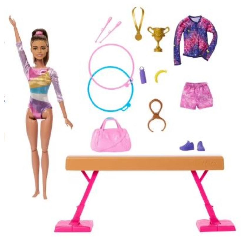 Mattel HRG53 Barbie Gymnastics Playset With Blonde Fashion Doll, Balance Beam, 10+ Accessories & Flip Feature