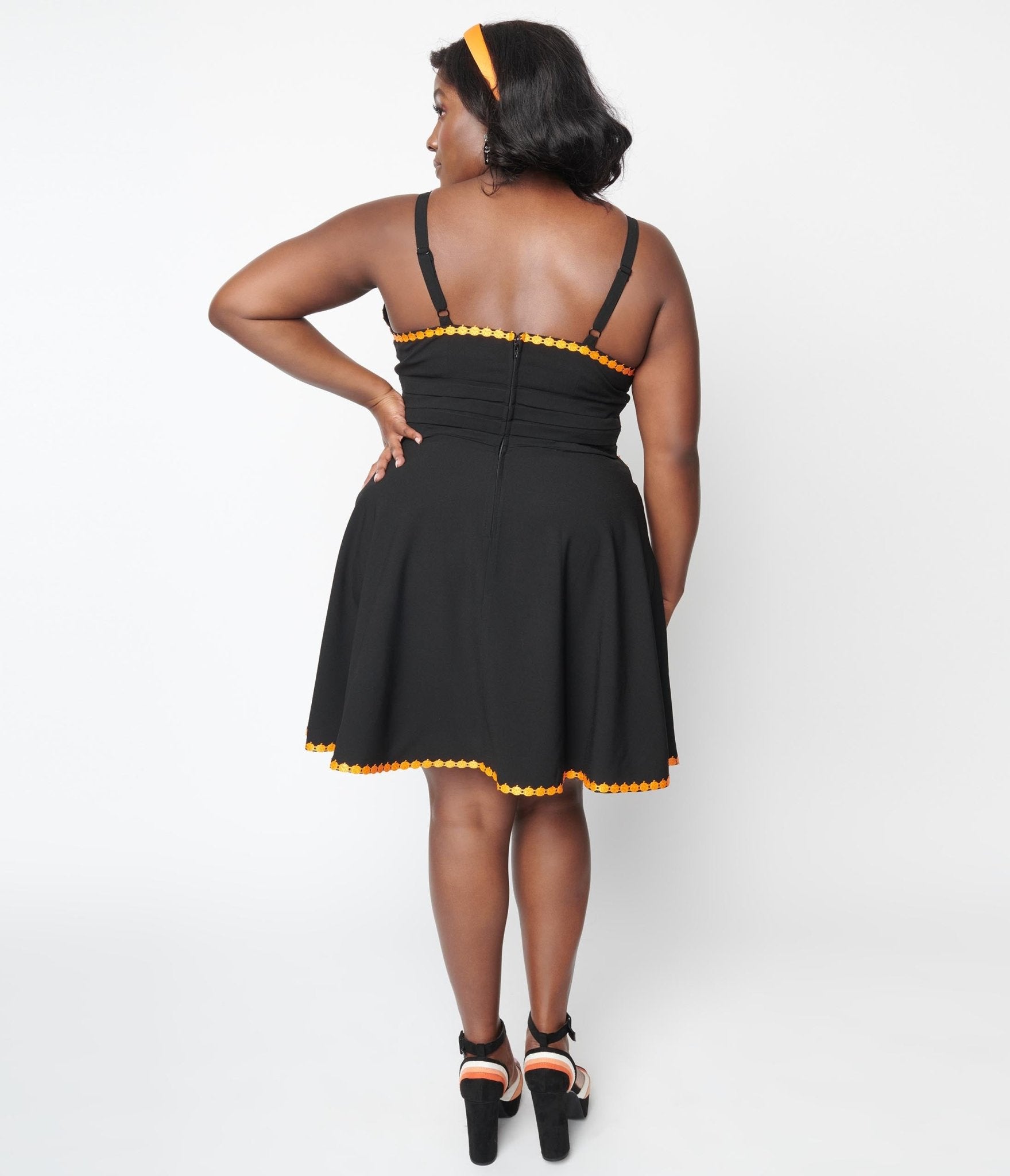 Unique Vintage Black & Pumpkin Trim Follow Your Heart Fit & Flare Dress