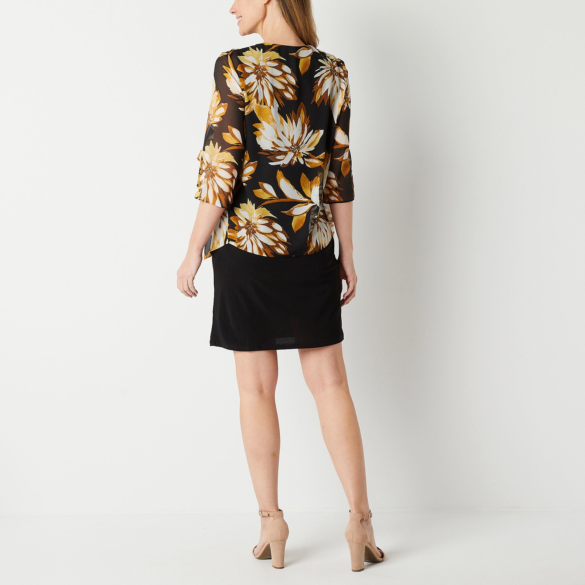 R & K Originals Womens Floral Faux-Jacket Dress Black Gold 12