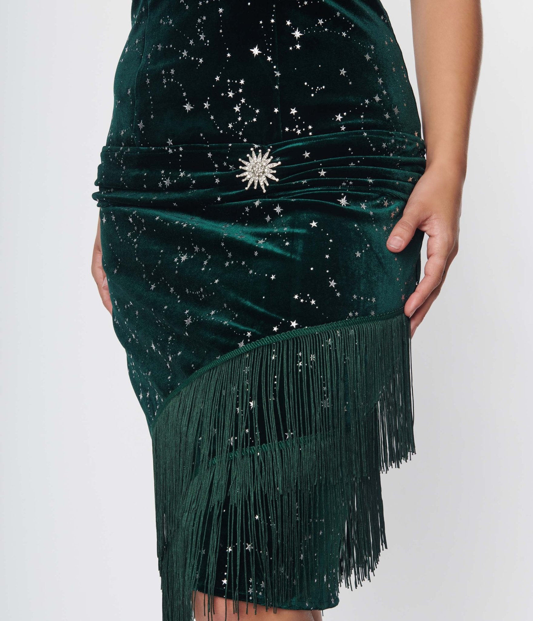 Unique Vintage 1920s Emerald Green Velvet Fringe Flapper Dress