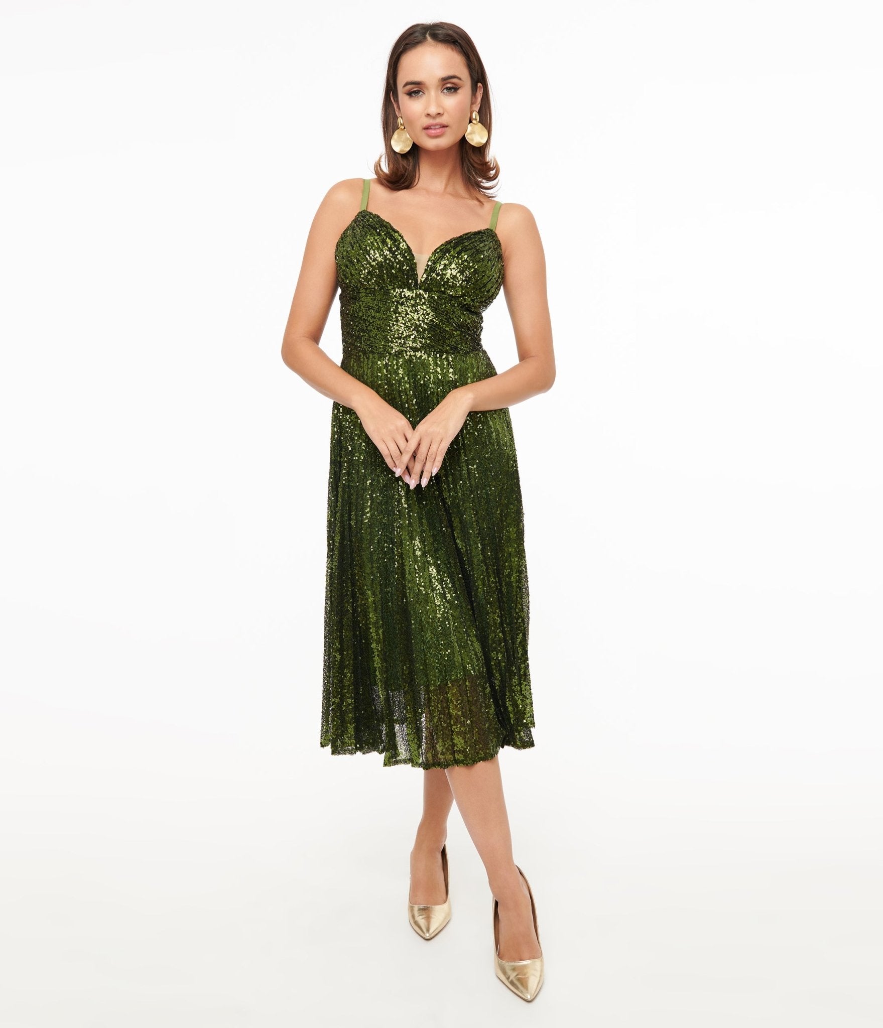 Unique Vintage 1950s Emerald Pleated Sequin Swing Dress