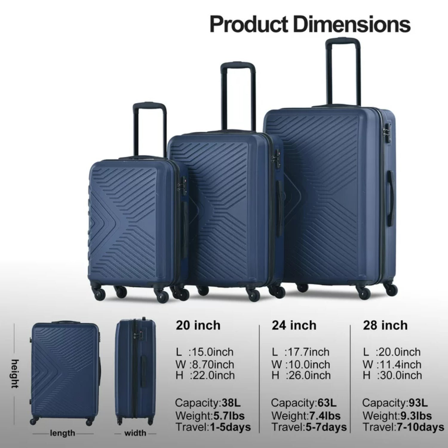 Travelhouse TH1065NB 3 Piece Luggage Set Hardshell Lightweight Suitcase 20in24in28in, Navy Blue