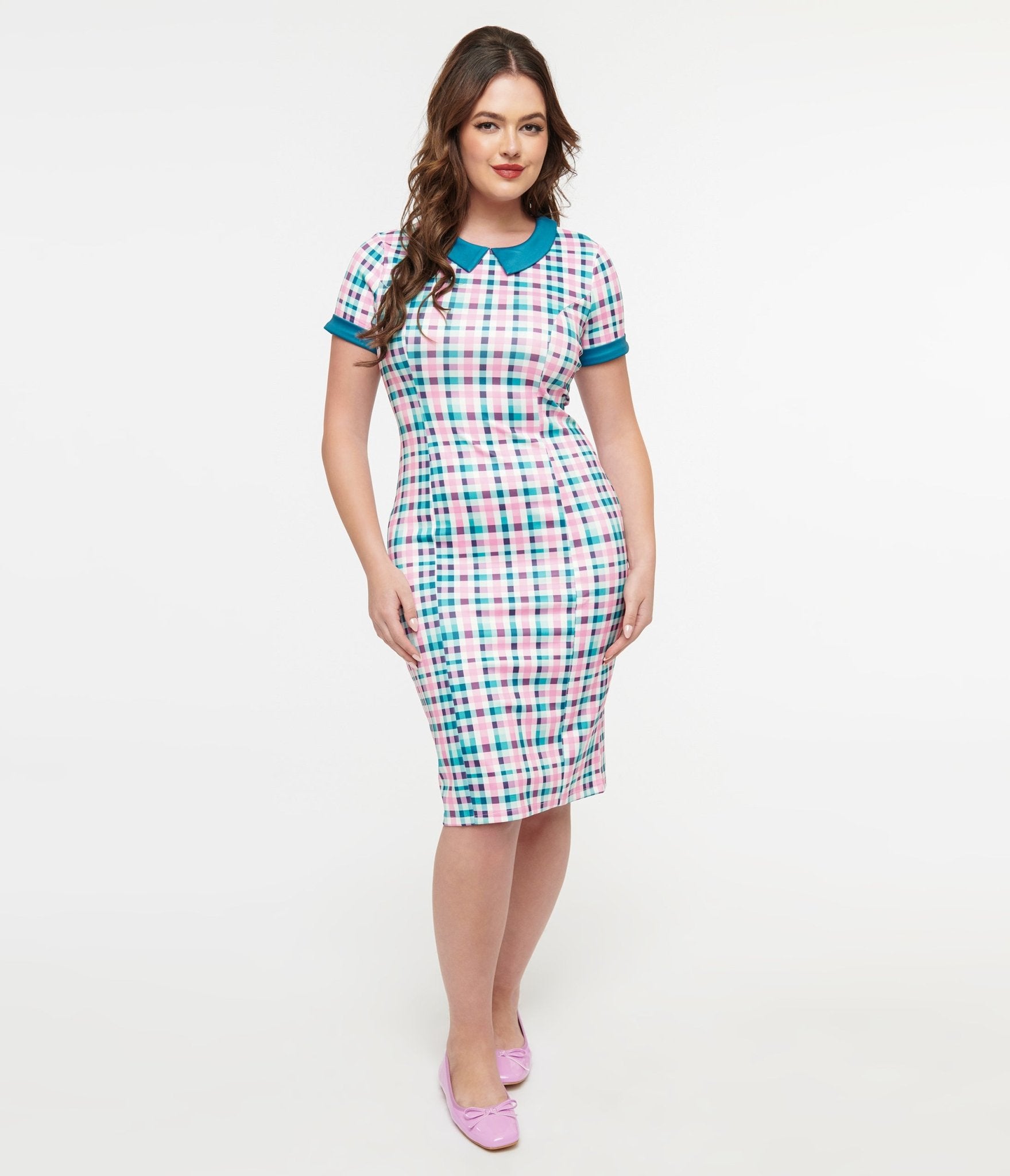 Dolly & Dotty 1950s Pink & Teal Plaid Toni Pencil Dress