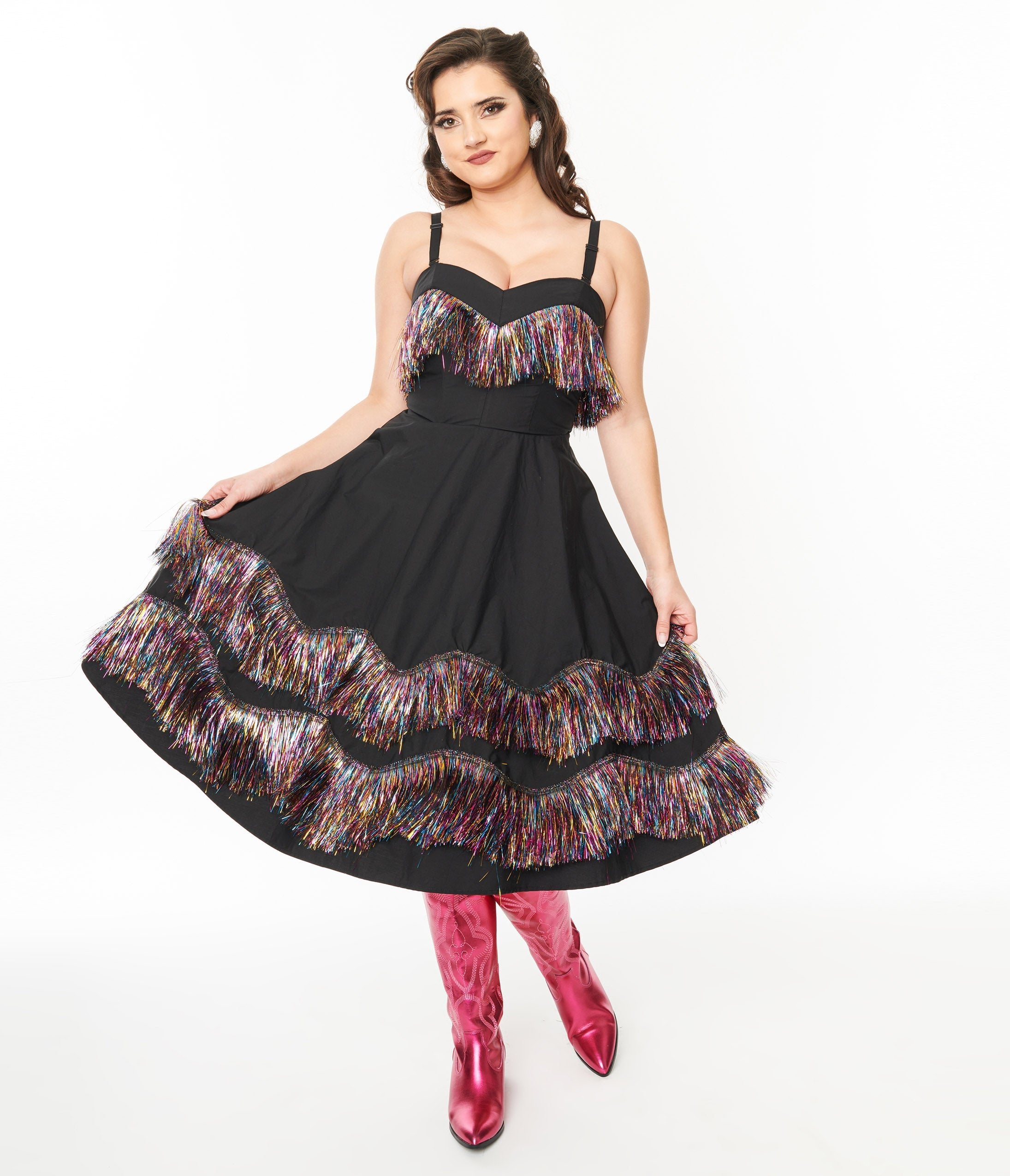 Unique Vintage Black & Rainbow Fringe Girlie Swing Dress