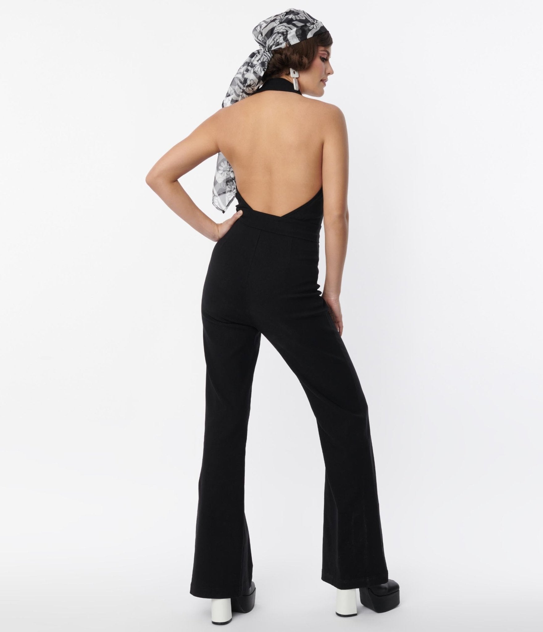 Smak Parlour 1970s Black Front Zipper Halter Jumpsuit