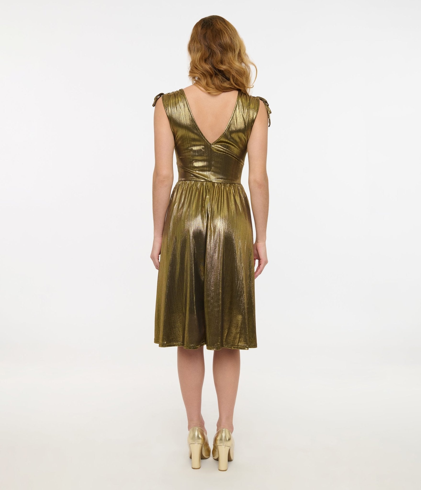 Hell Bunny 1970s Gold Metallic Gigi Midi Dress