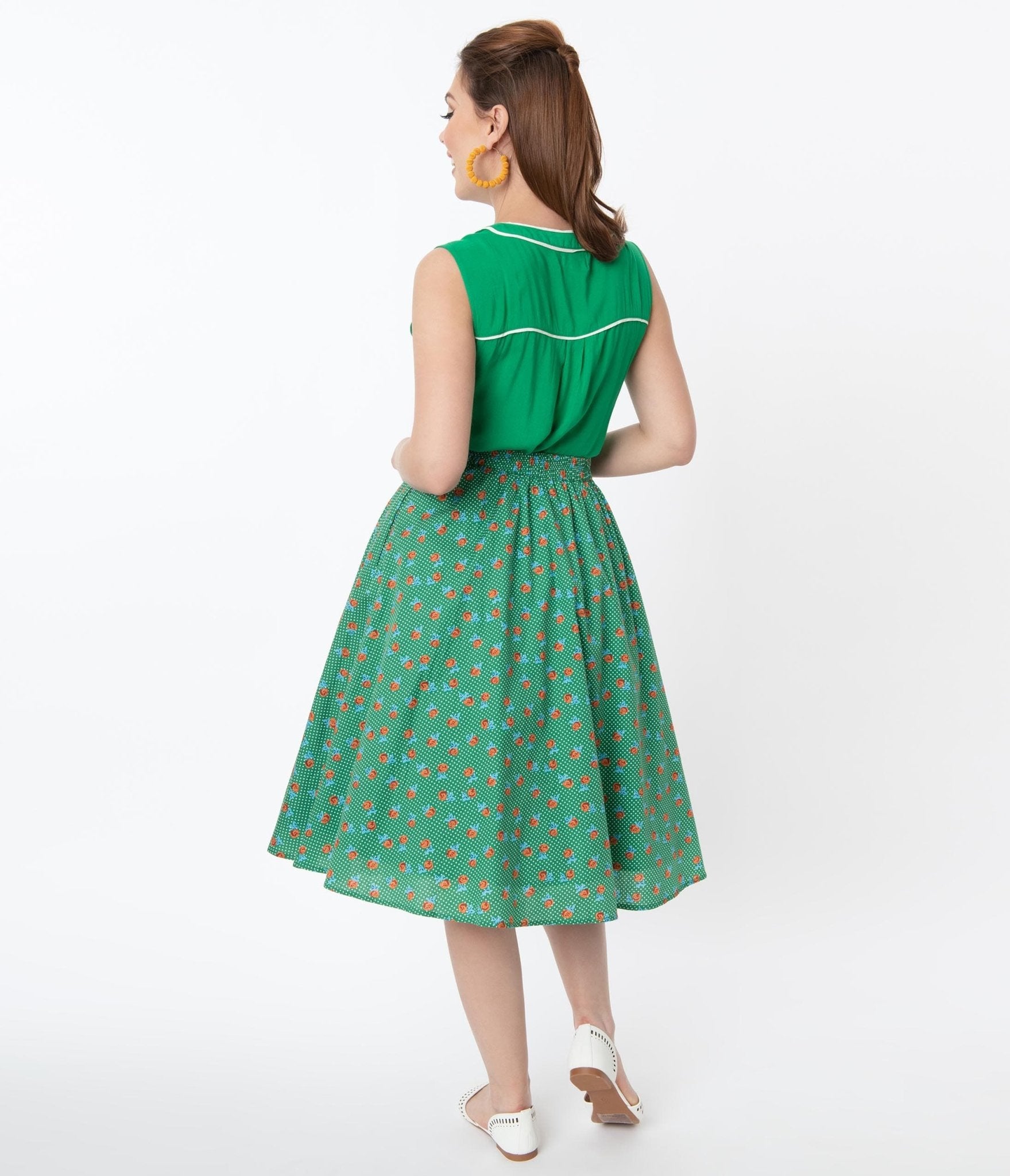 Vintage Style Green Dotted & Red Floral Swing Skirt