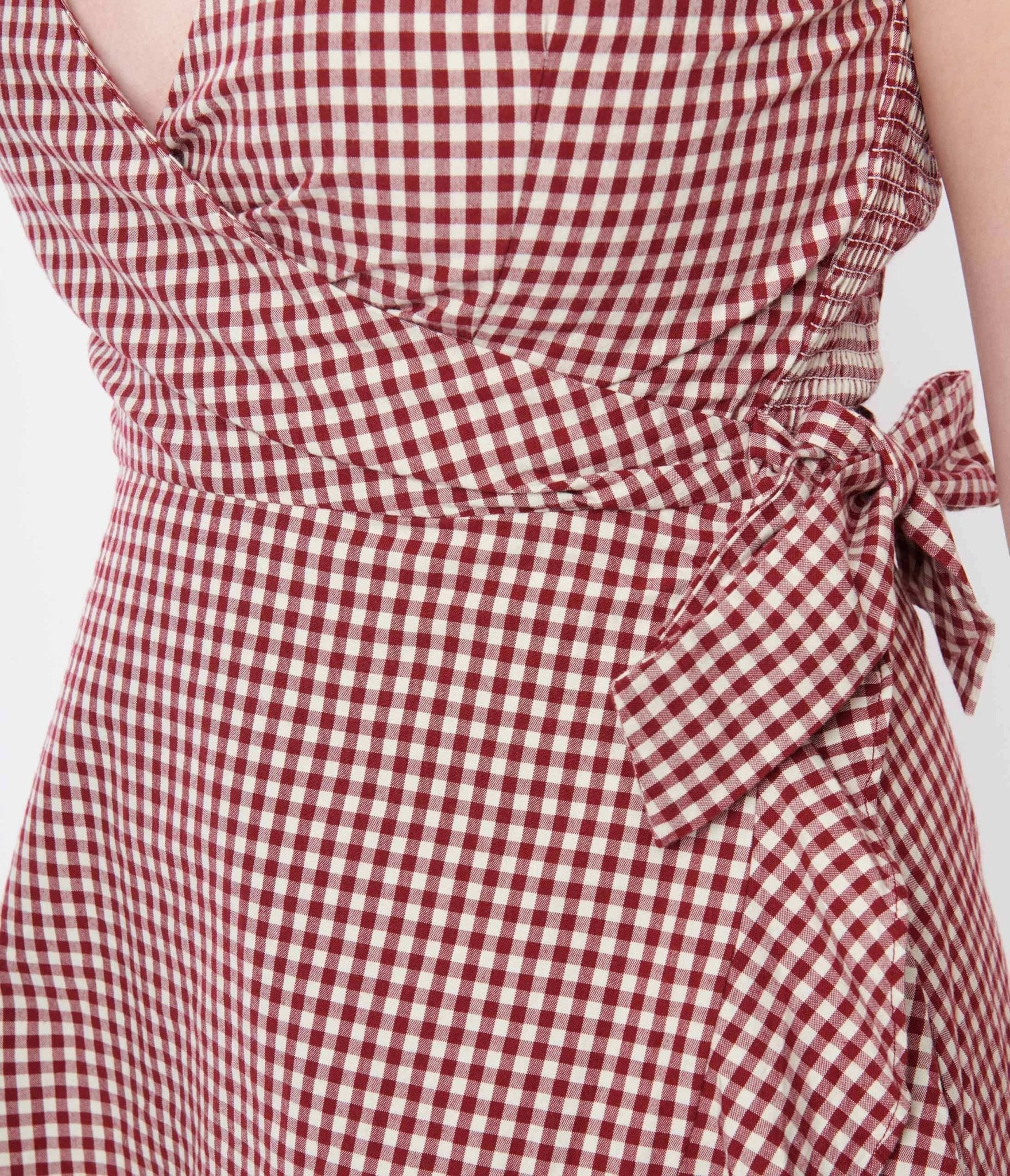 Red & White Gingham Faux Wrap Dress