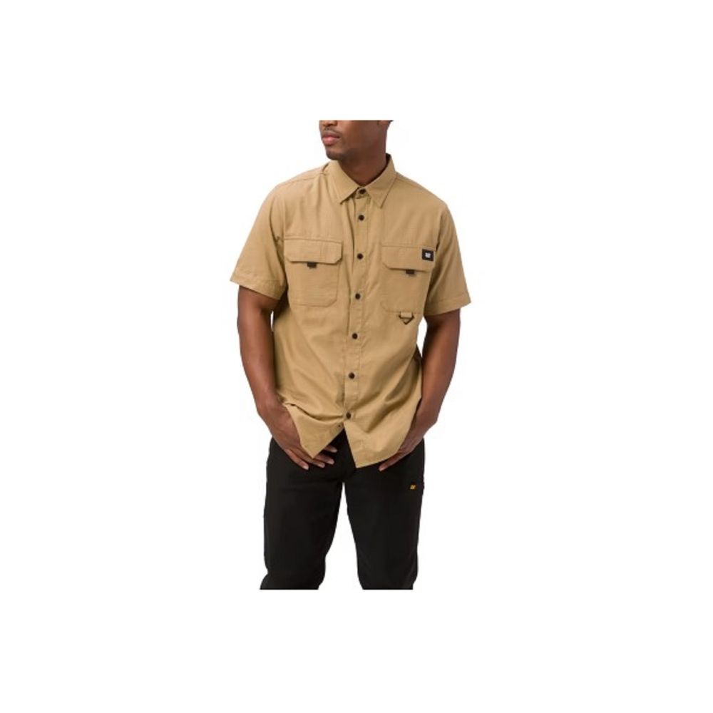 Cat Mens Short Sleeve Button-Down Shirt, L, Kelp - Machine Washable