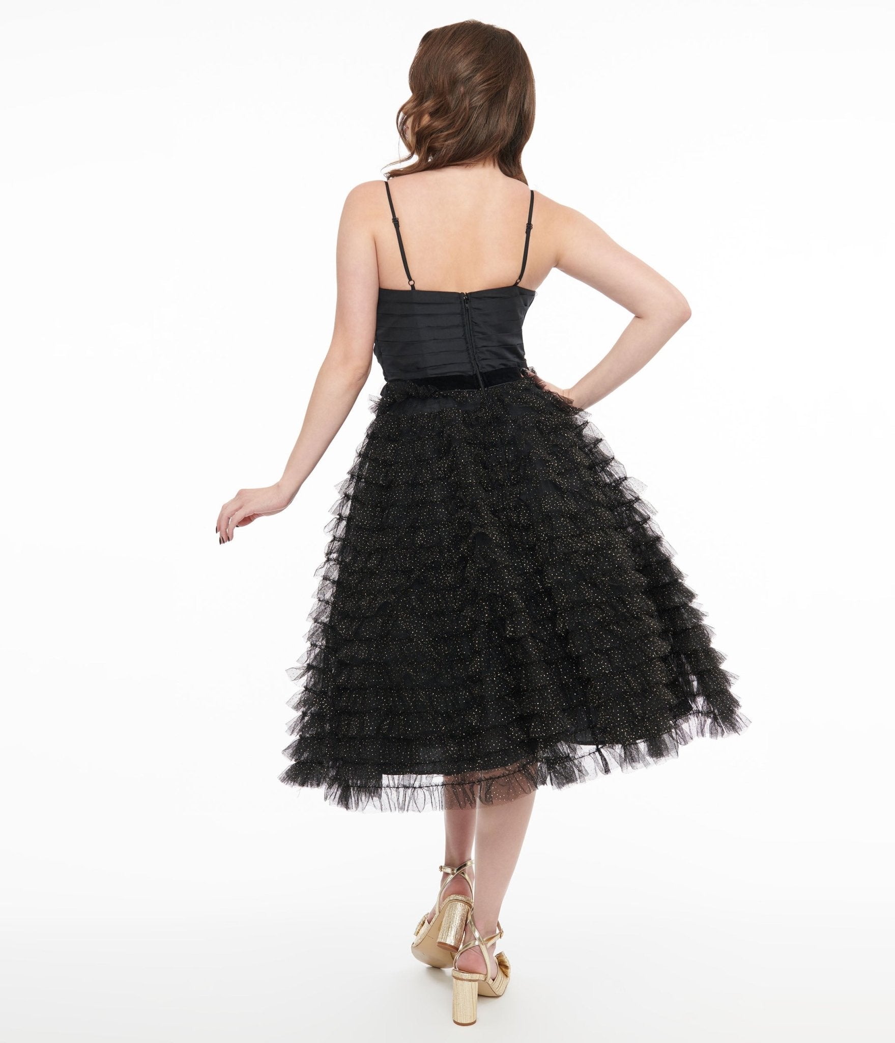 Unique Vintage 1950s Black & Gold Glitter Tulle Cupcake Swing Dress