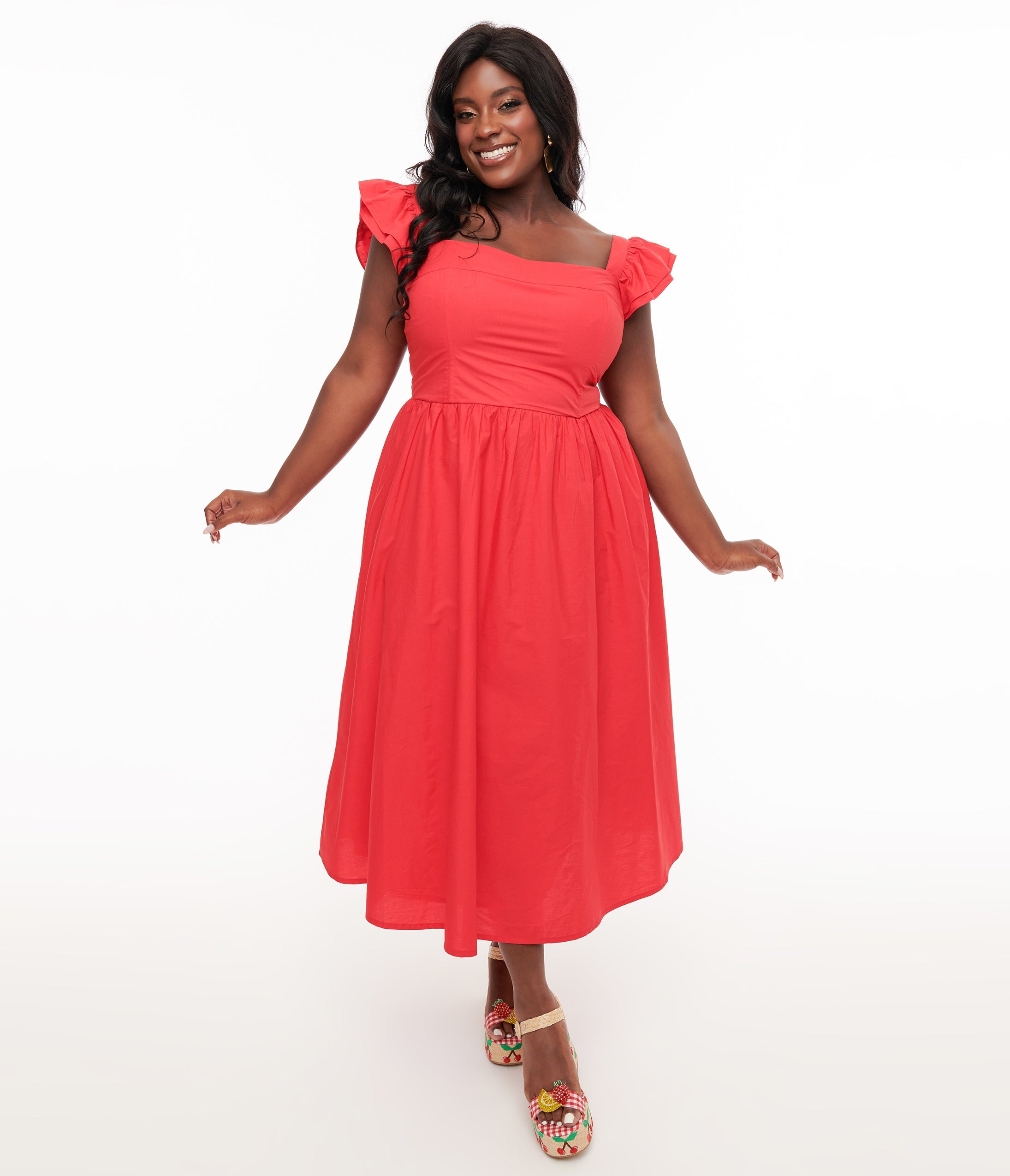 Plus Size Y2K Red Flutter Sleeve Poplin Midi Dress