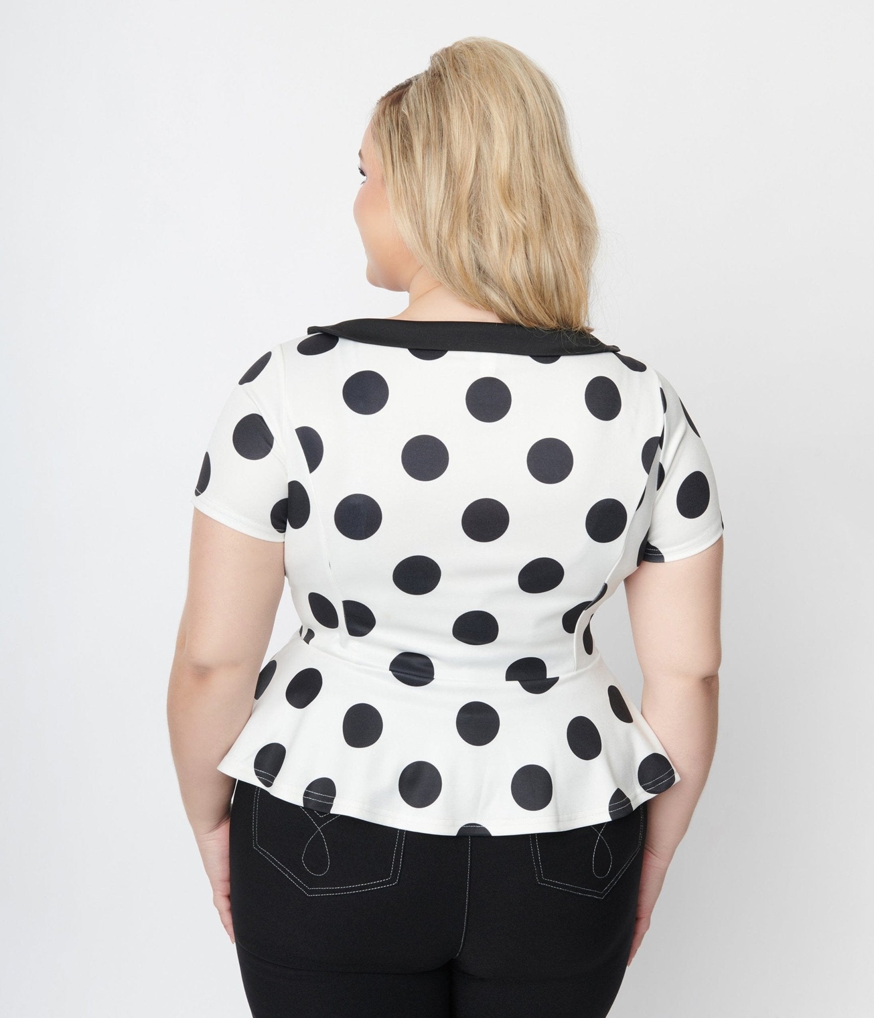 Unique Vintage White & Black Polka Dot Peplum Top