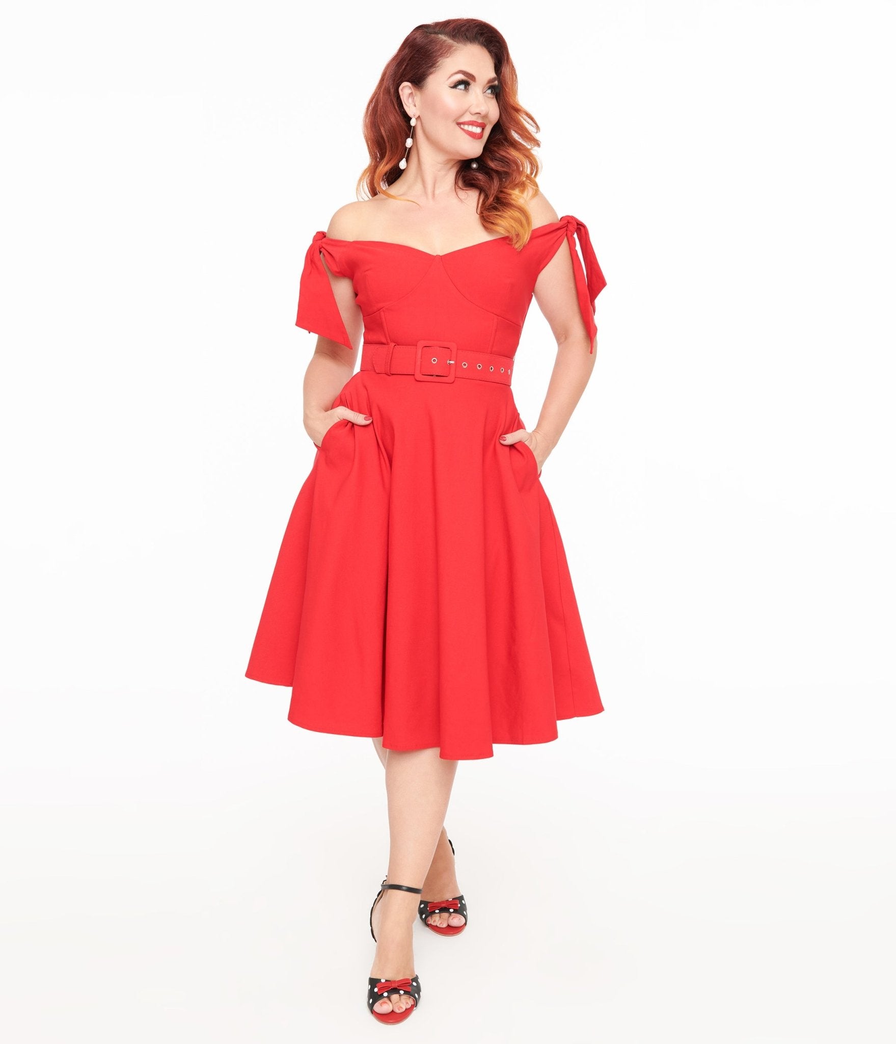 Unique Vintage 1960s Red Off The Shoulder Swing Dress