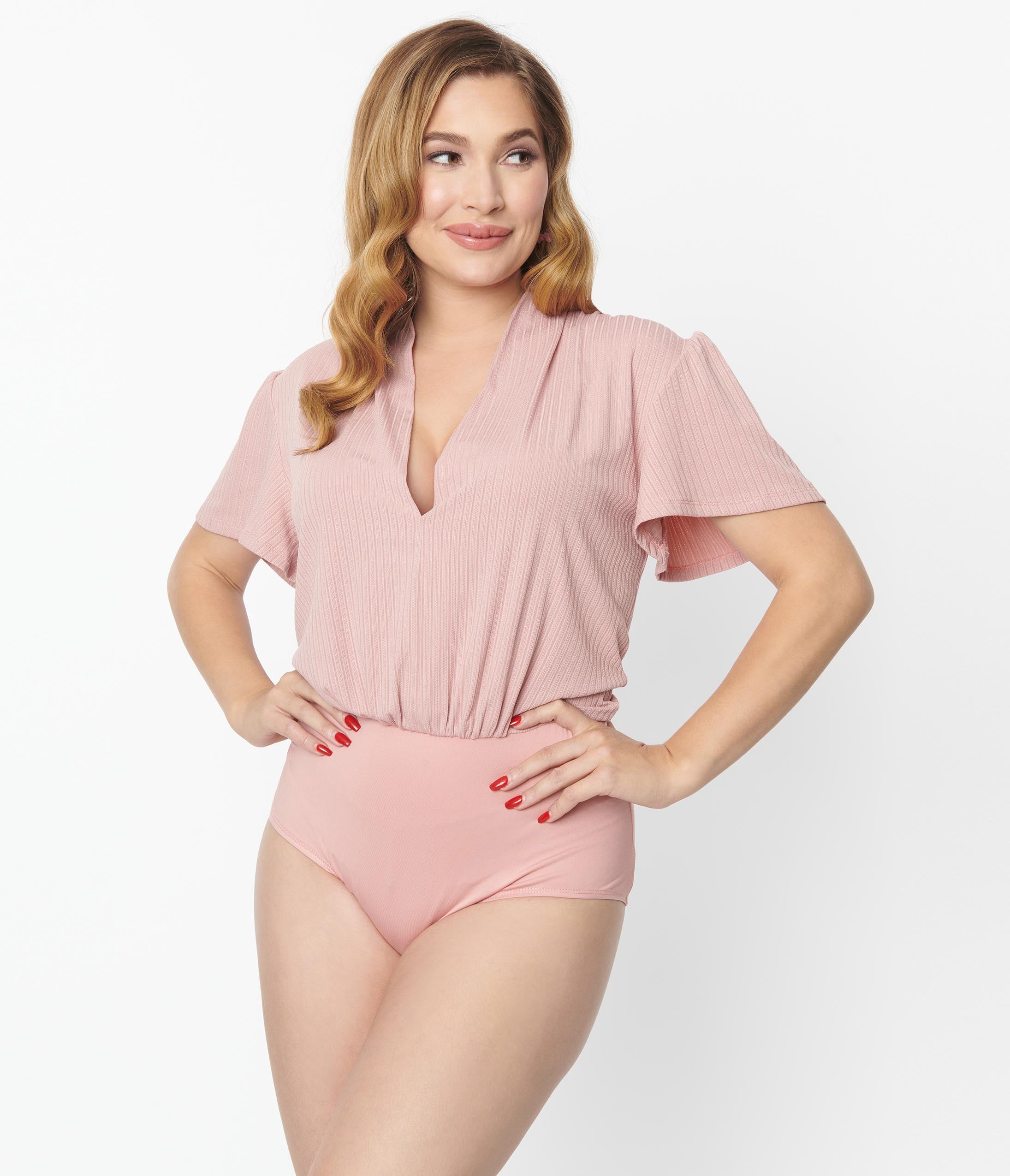 Unique Vintage 1970s Rose Pink Pointelle Flutter Sleeve Bodysuit