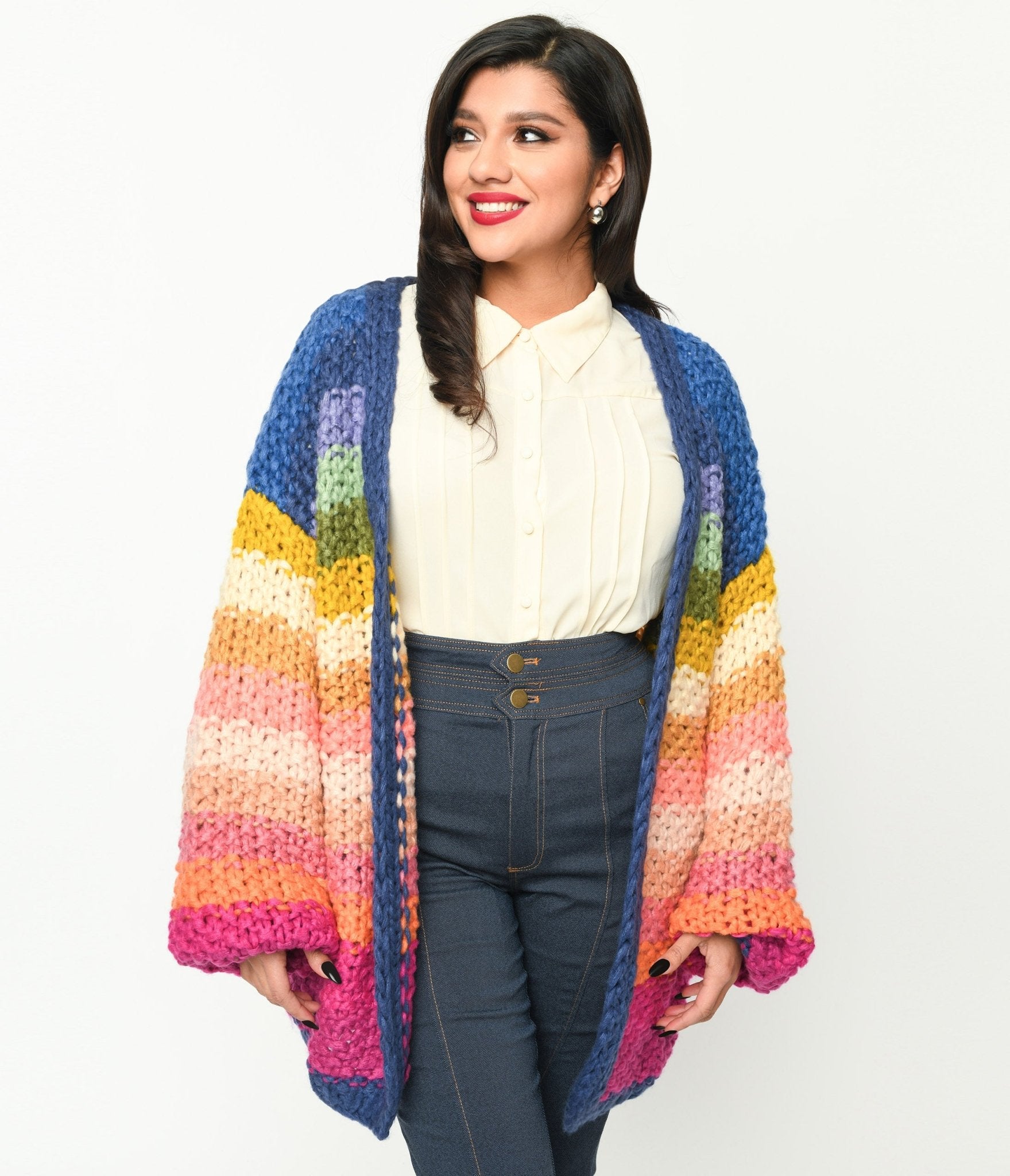 Navy & Multicolor Striped Crochet Knit Open Cardigan