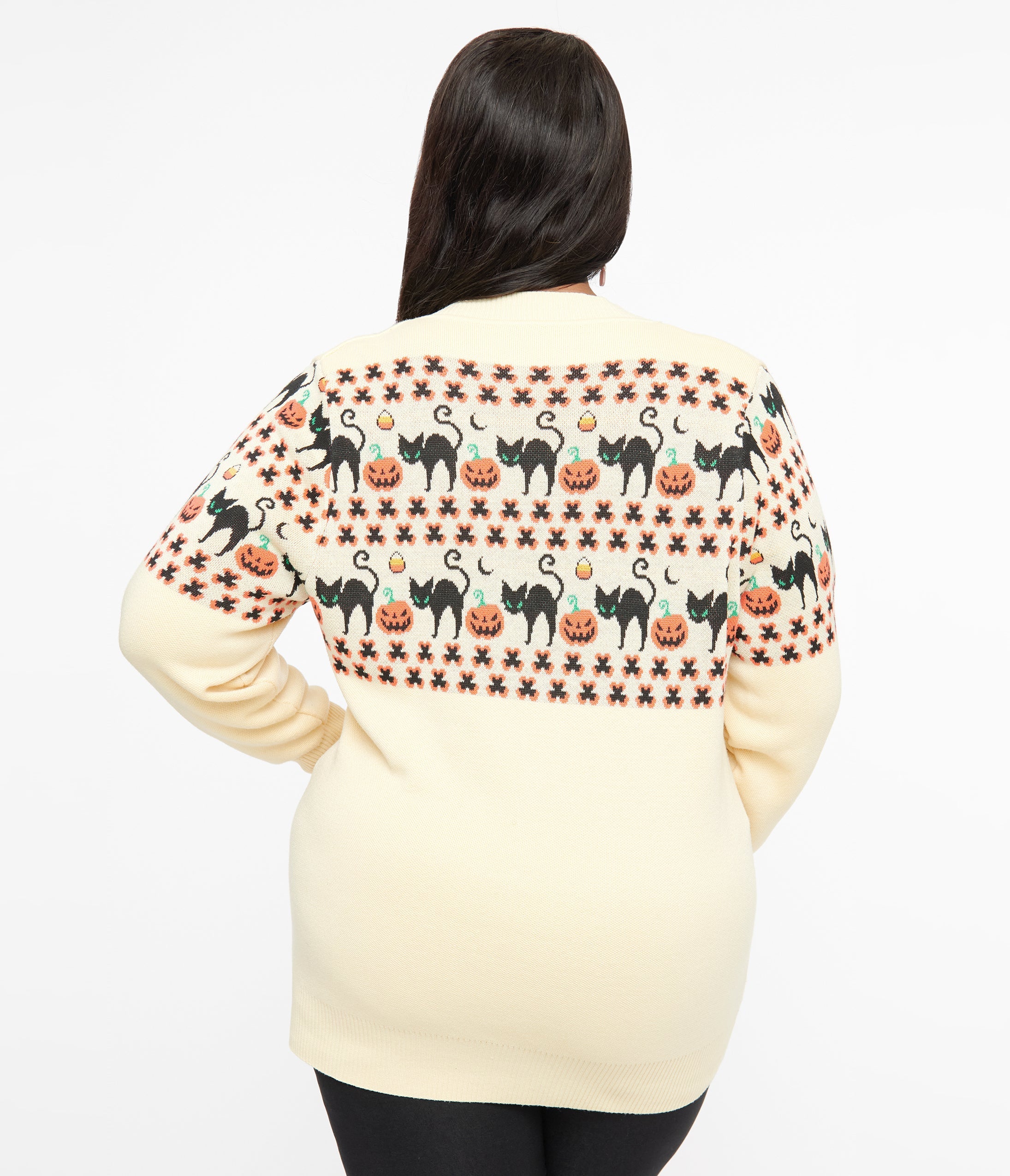 Unique Vintage Plus Size 1960s Ivory & Orange Halloween Print Cardigan