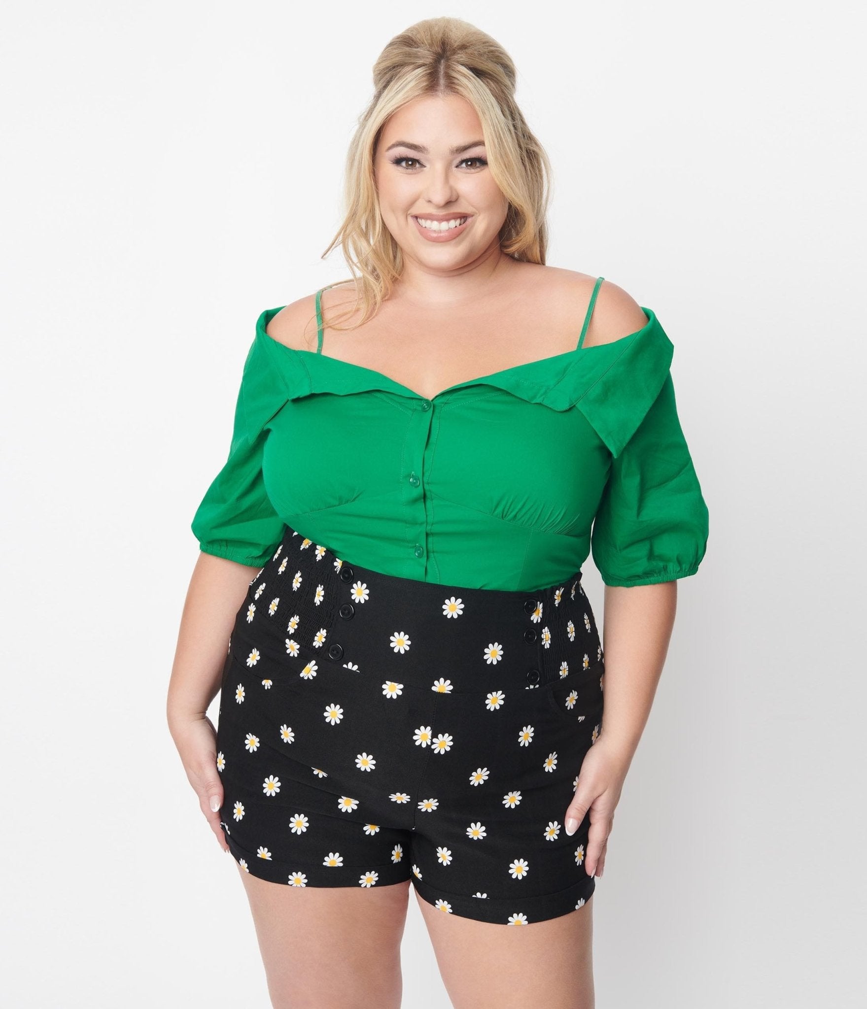 Plus Size Kelly Green Off The Shoulder Collared Top