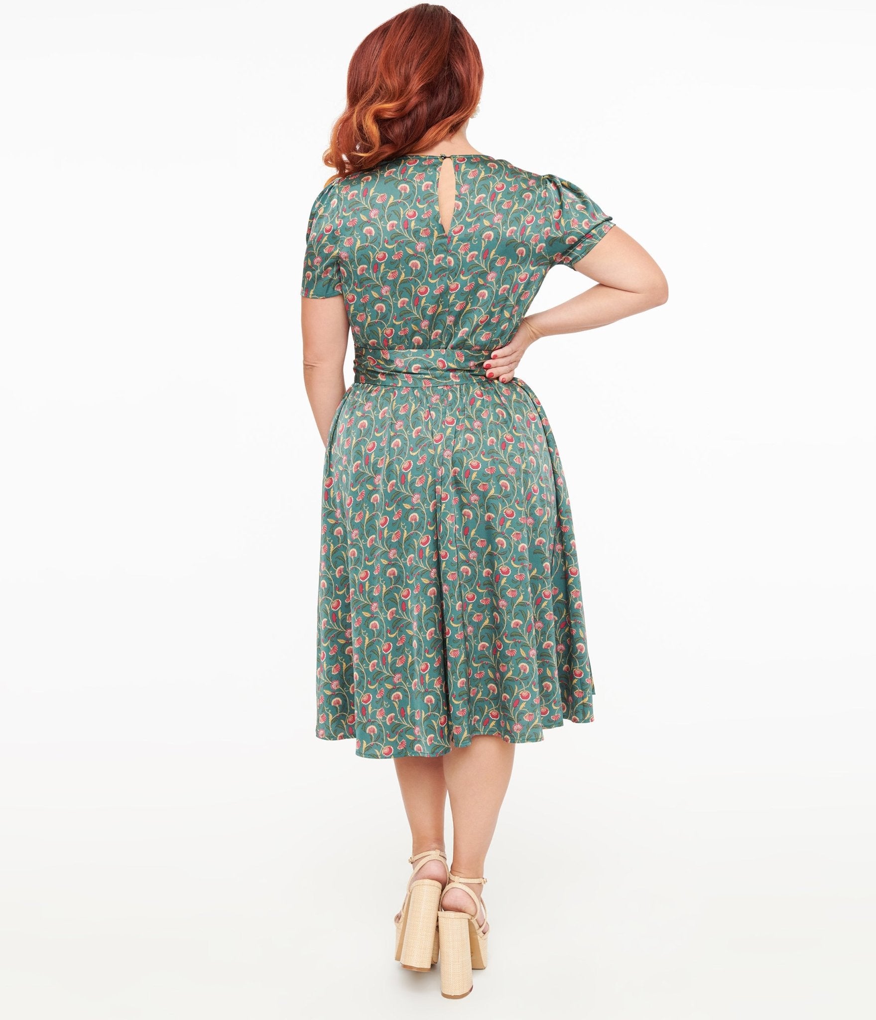 Unique Vintage 1940s Green & Red Fan Print Swing Dress