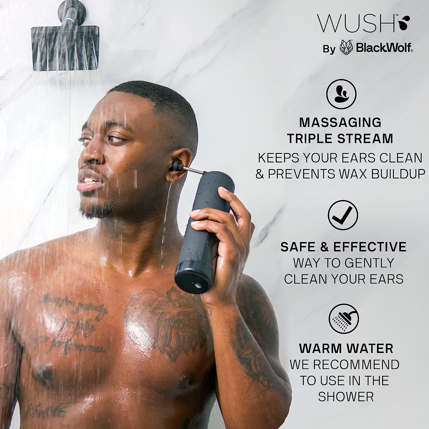 Black Wolf Wush Pro Water Powered Ear Cleaner Electric Triple Jet Stream with 3 Pressure Settings For Ear Wax Buildup Ear Wax Removal Kit Water Resistant USB Rechargeable