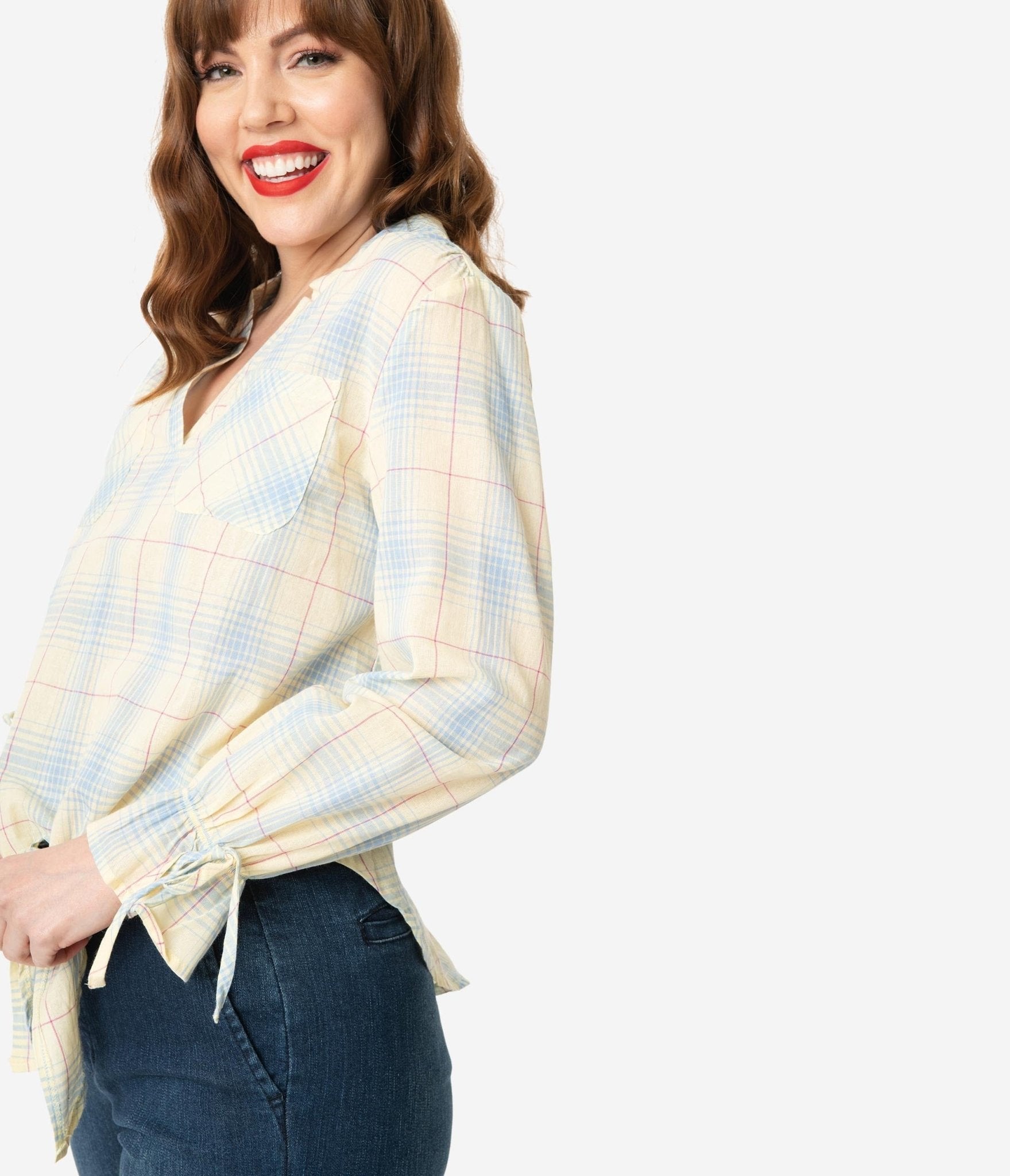 Lemon & Blue Plaid Front Tie Blouse