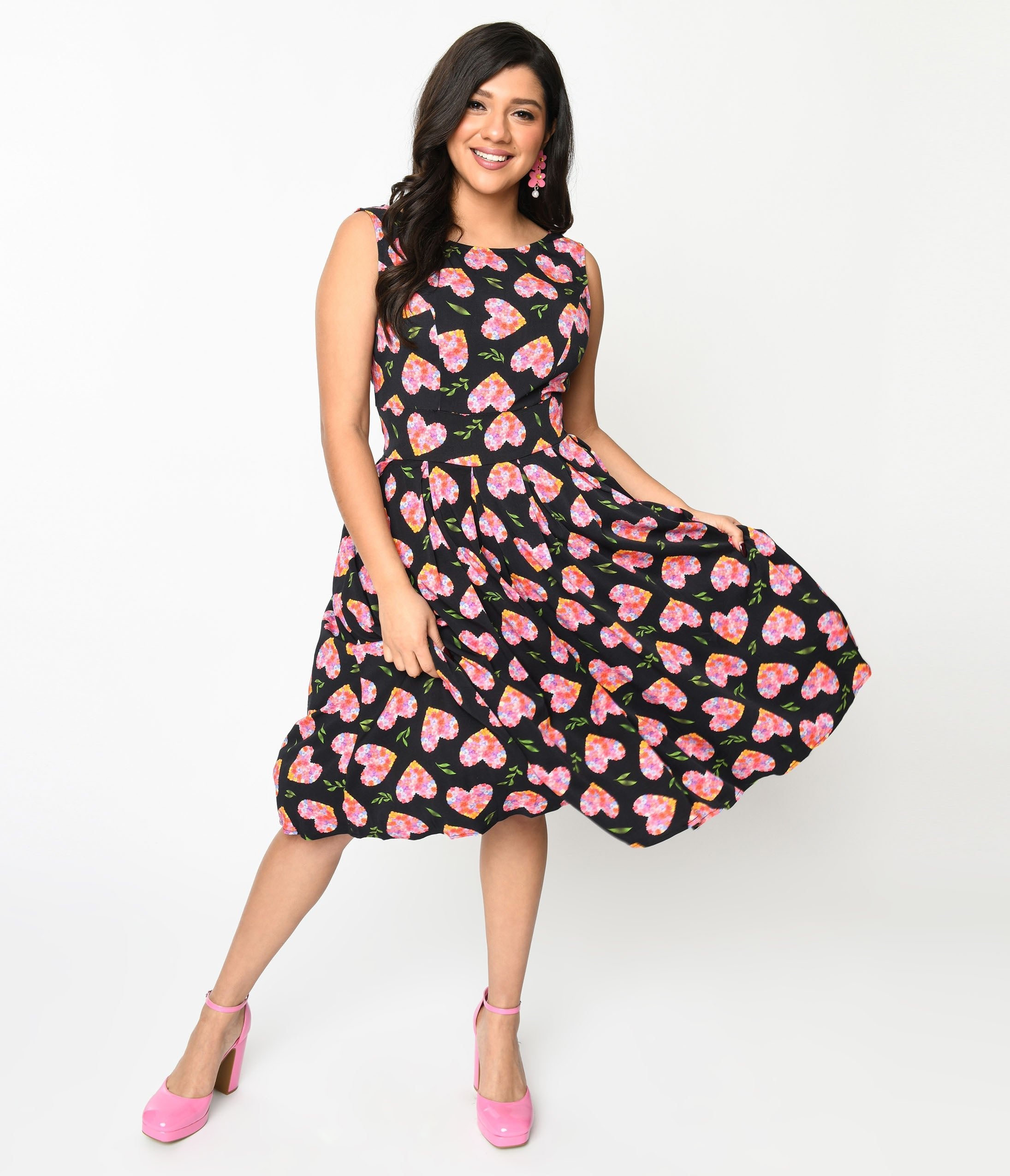 Black & Multicolor Floral Hearts Swing Dress