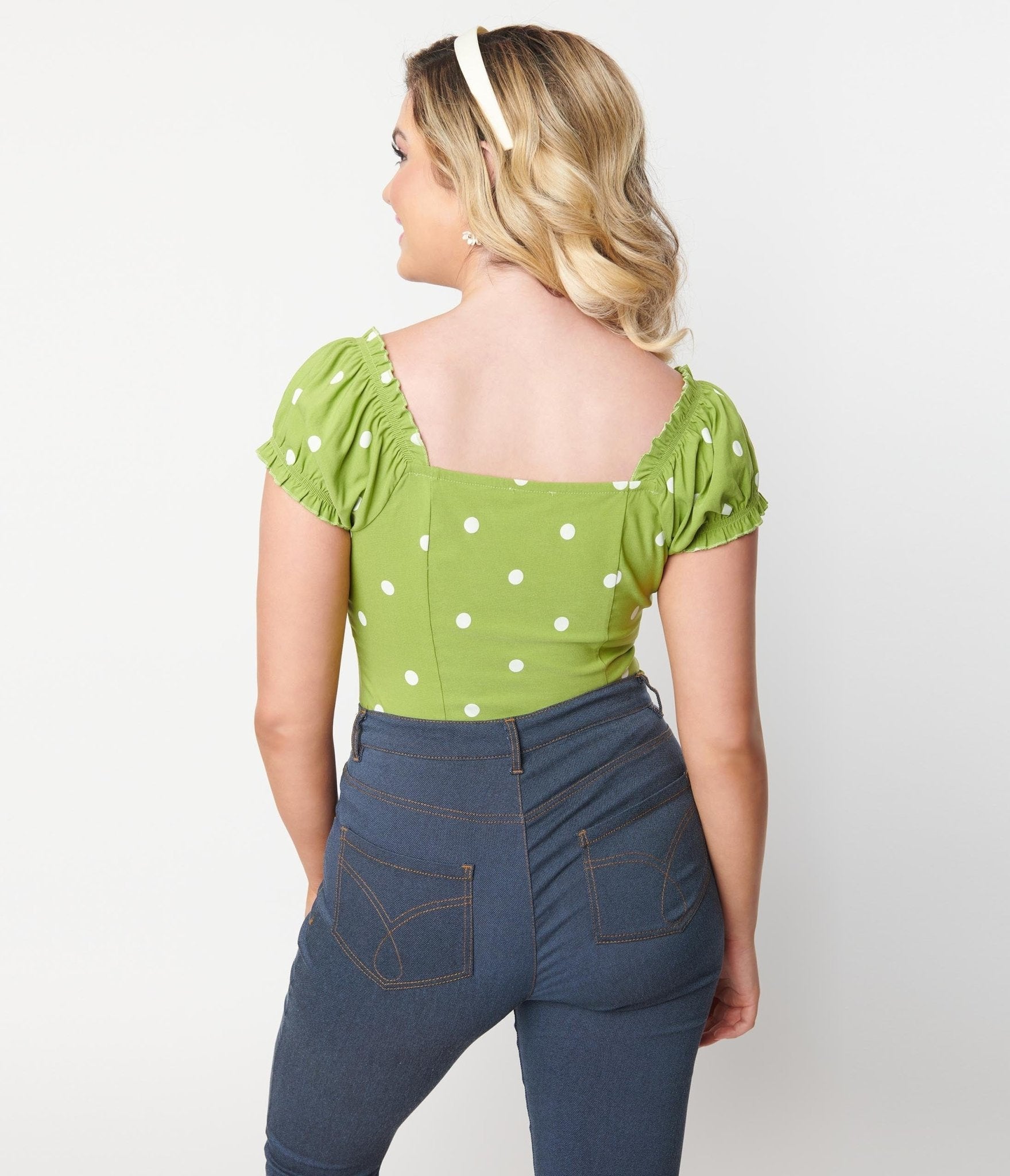 Unique Vintage Green & White Polka Dot Sweetheart Loretta Top