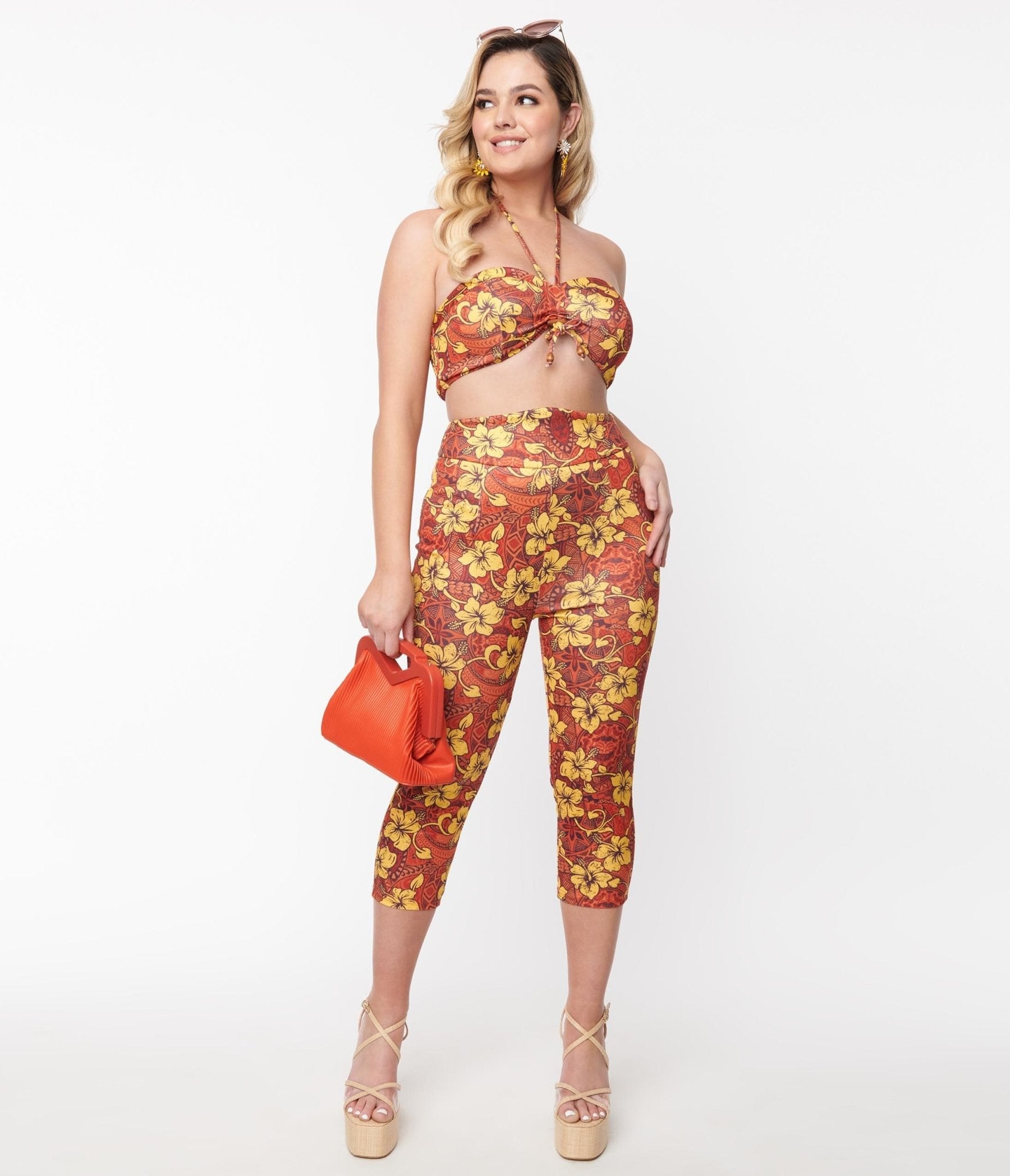 Orange & Yellow Tropical Floral Mimosa Capris