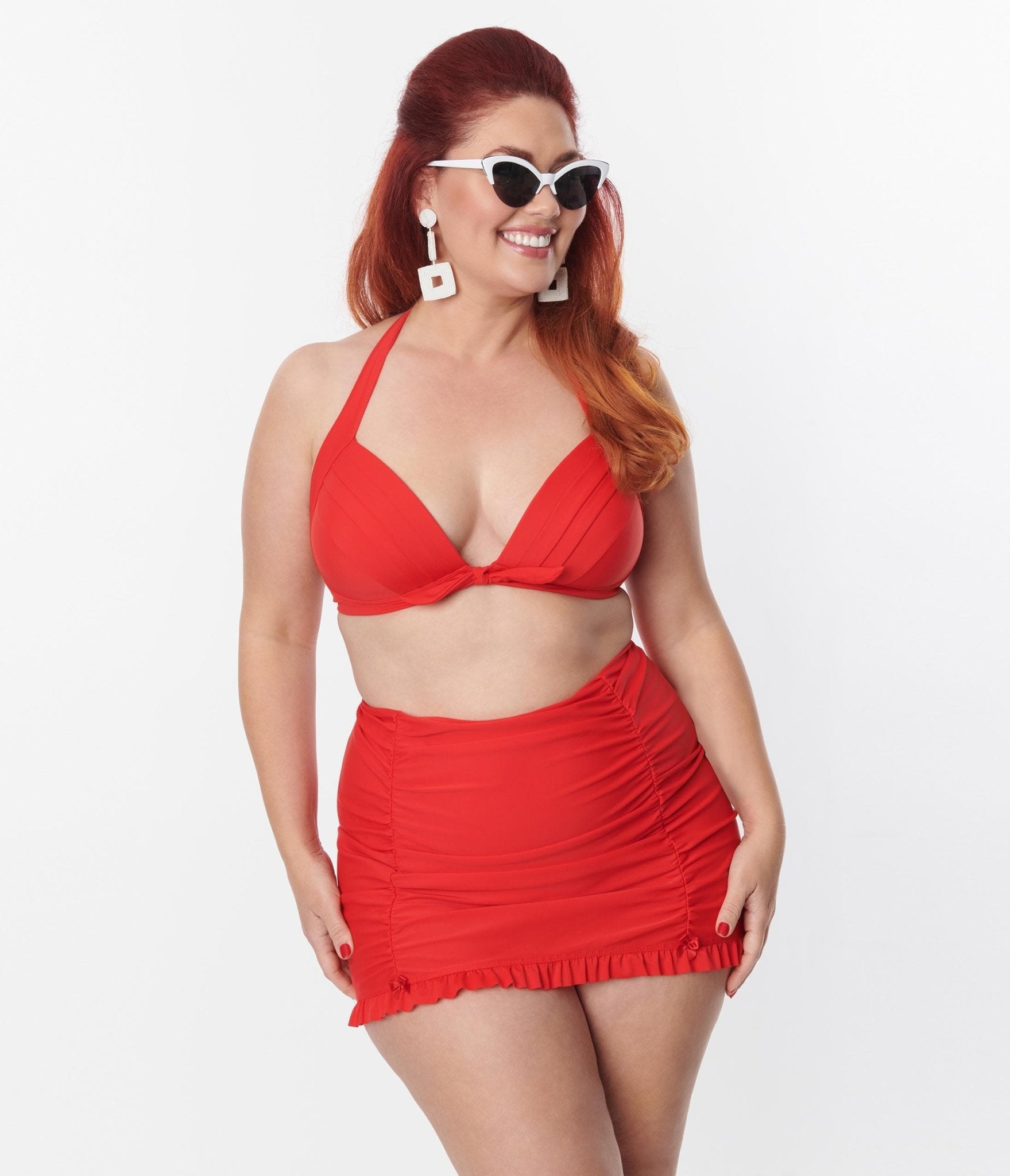 Unique Vintage Plus Size Red Drawstring Ruffle Skirt