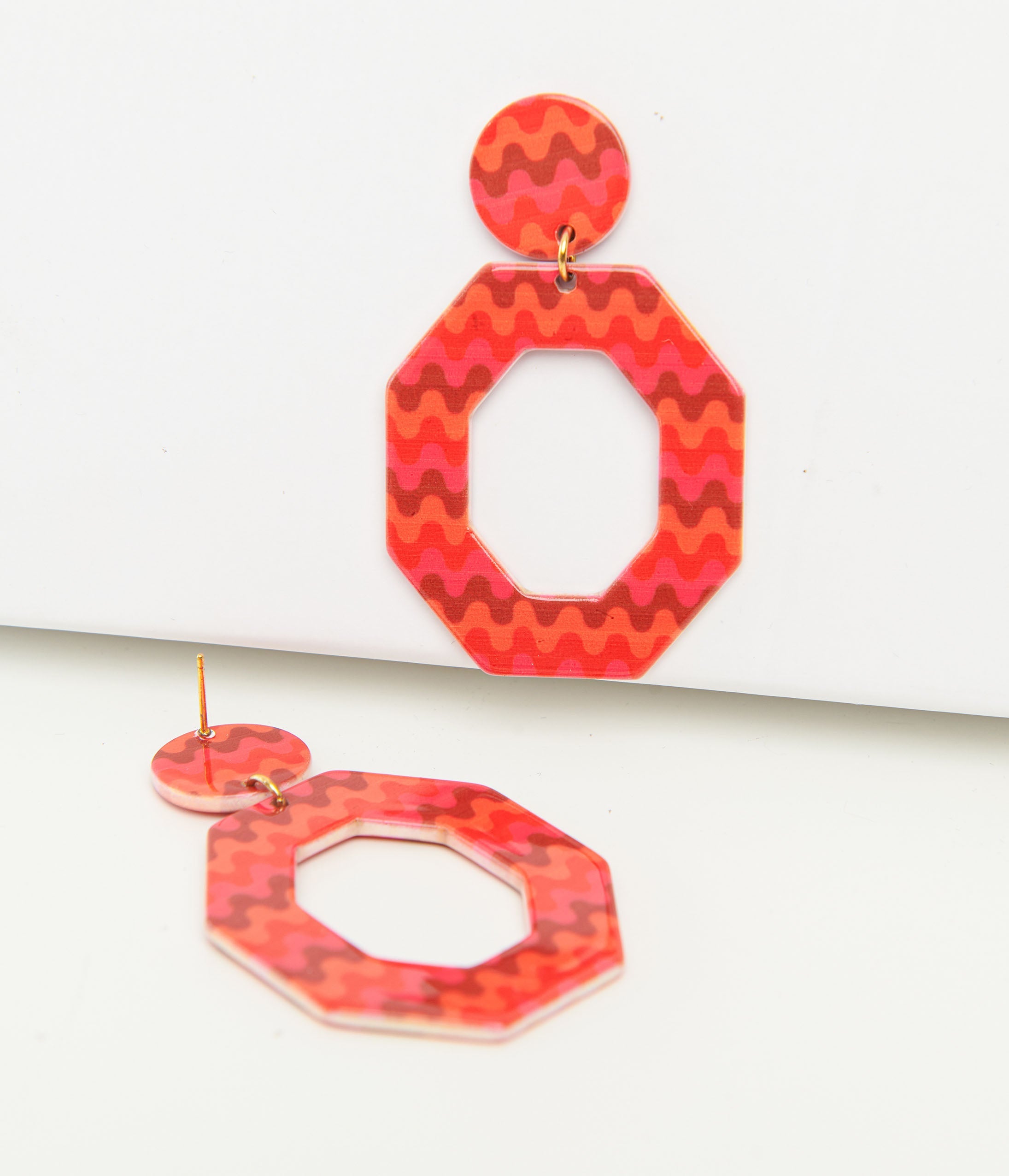 1970s Orange & Red Chevron Octagon Earrings